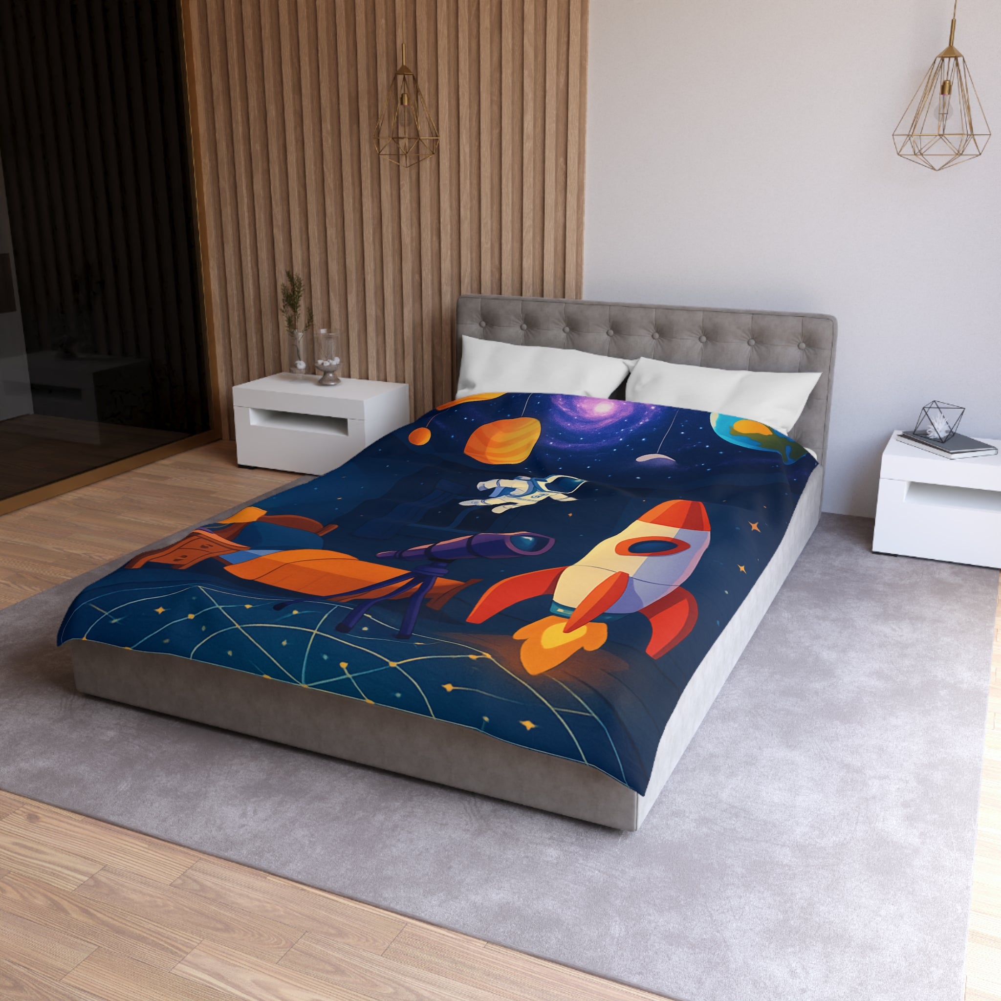 Housse de Couette Spatiale Enfant avec Astronaute Fusée et Planètes Colorées