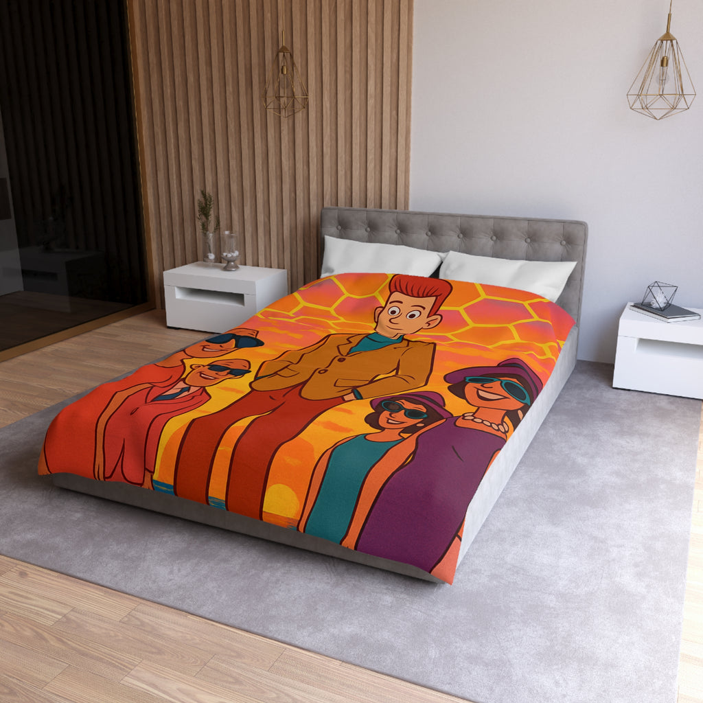 Motifs colorés hexagonaux vibrant avec personnages stylisés dans un paysage ensoleillé unique