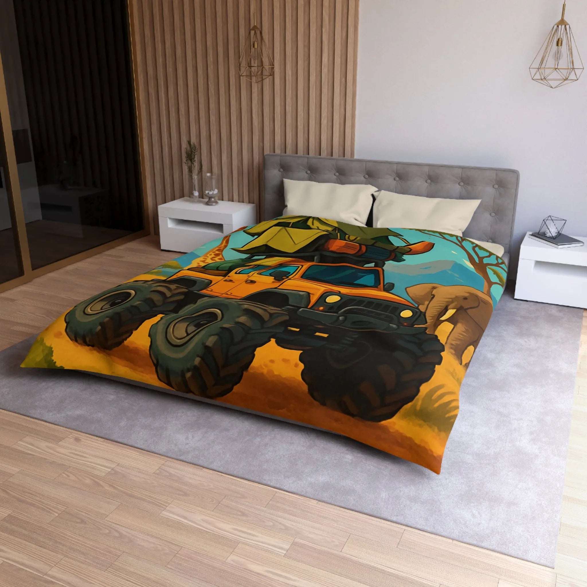 Housse de couette colorée avec véhicule tout-terrain et animaux dans la savane africaine