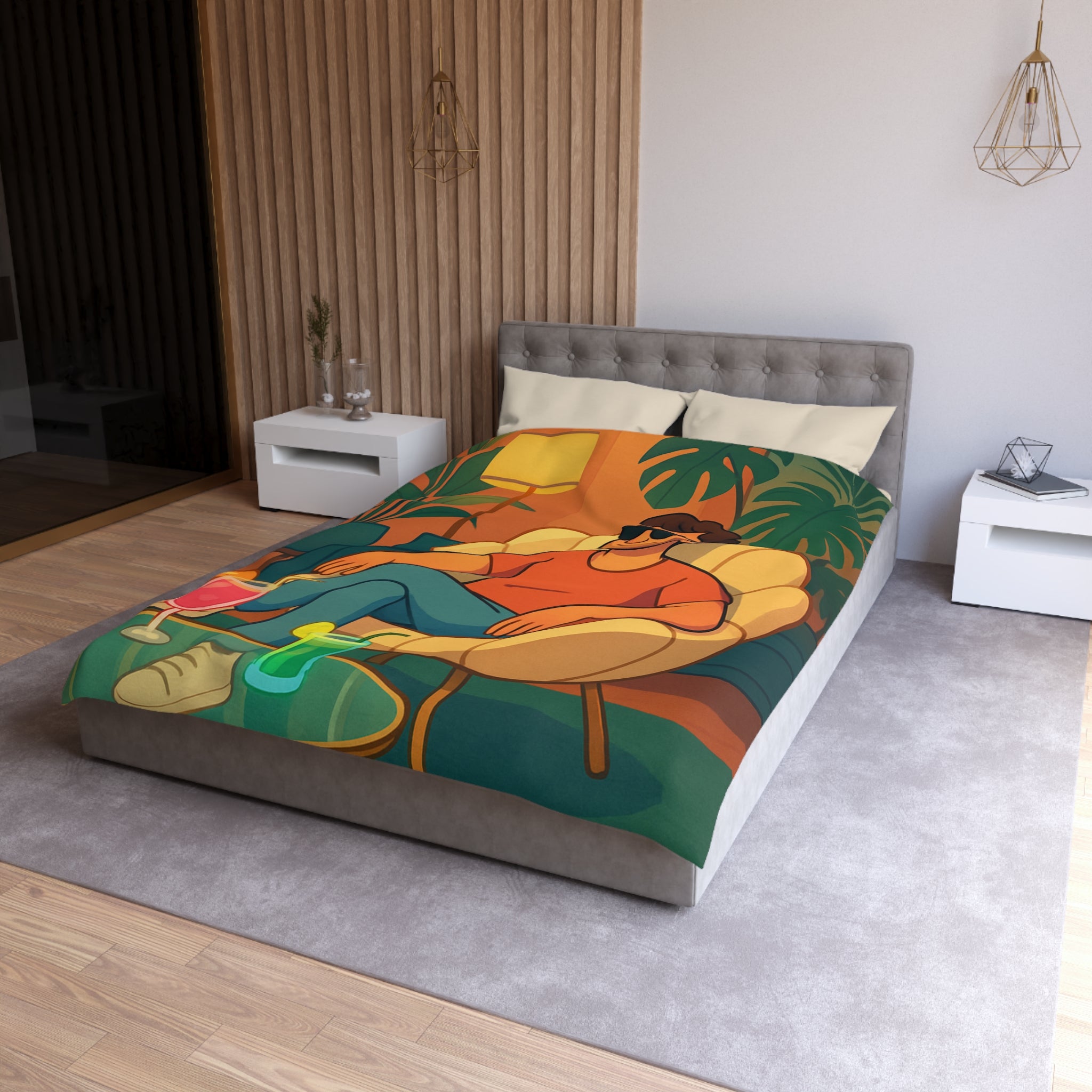 Housse de Couette Tropicale Design Moderne avec Feuilles et Boissons Colorées Style Rétro
