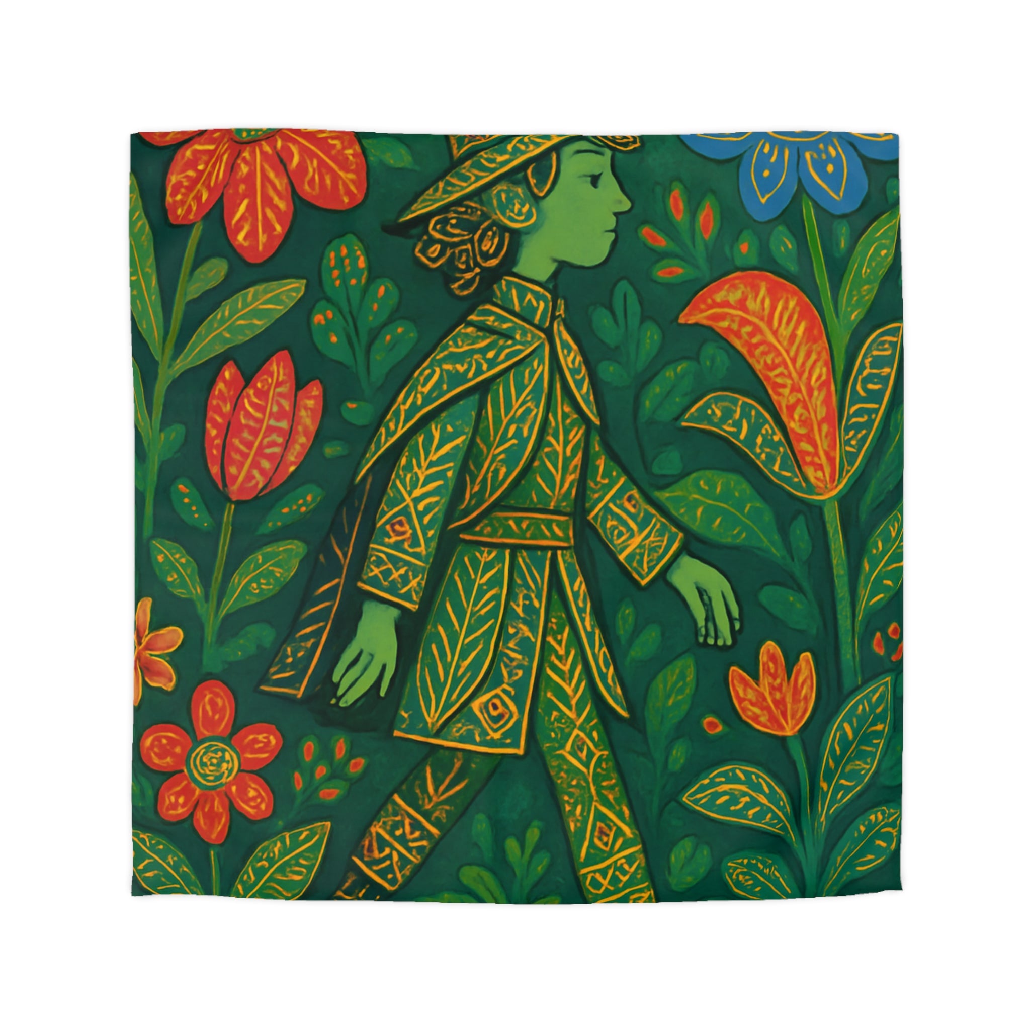 Housse de couette vibrante avec motif botanique et personnage en marche serein