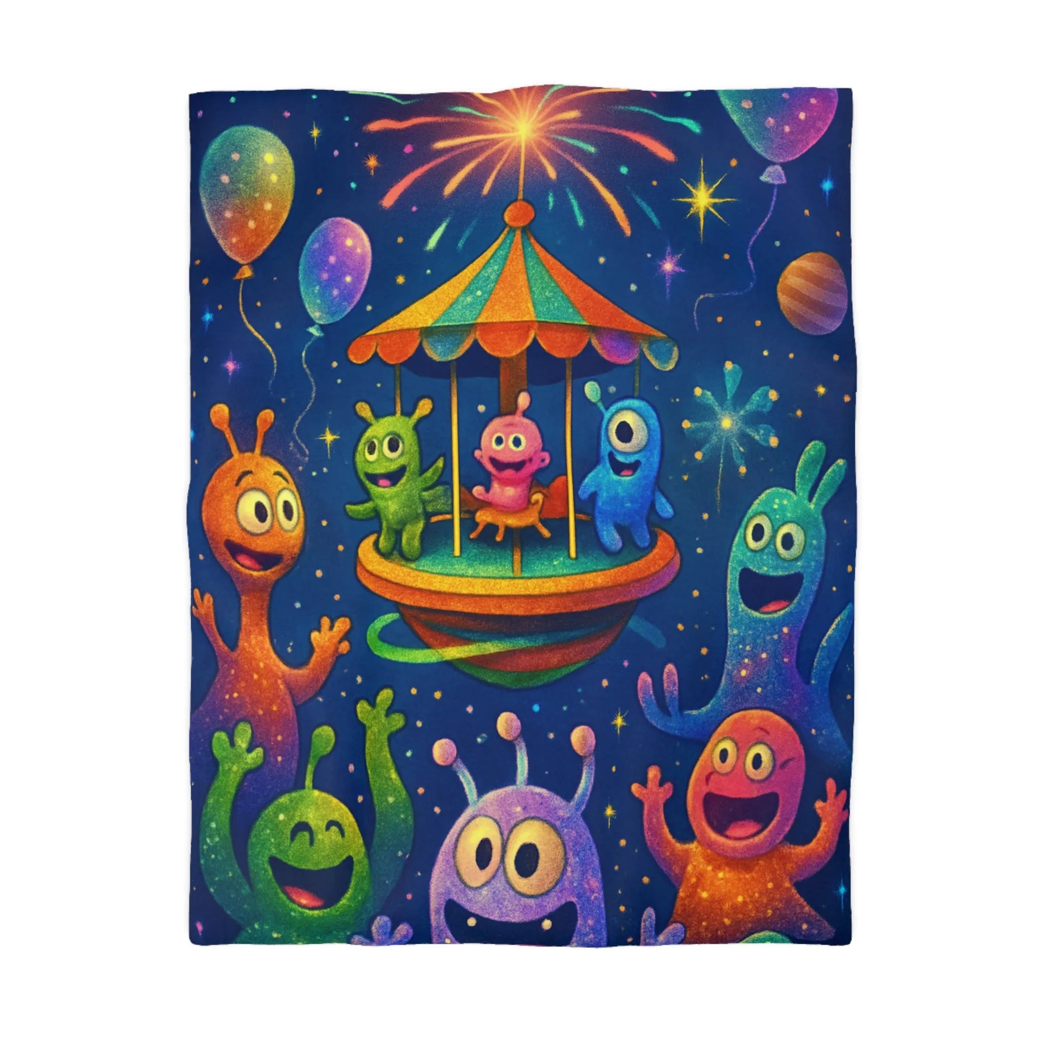 Housse de couette aux créatures extraterrestres colorées sous feux d'artifice et ballons colorés