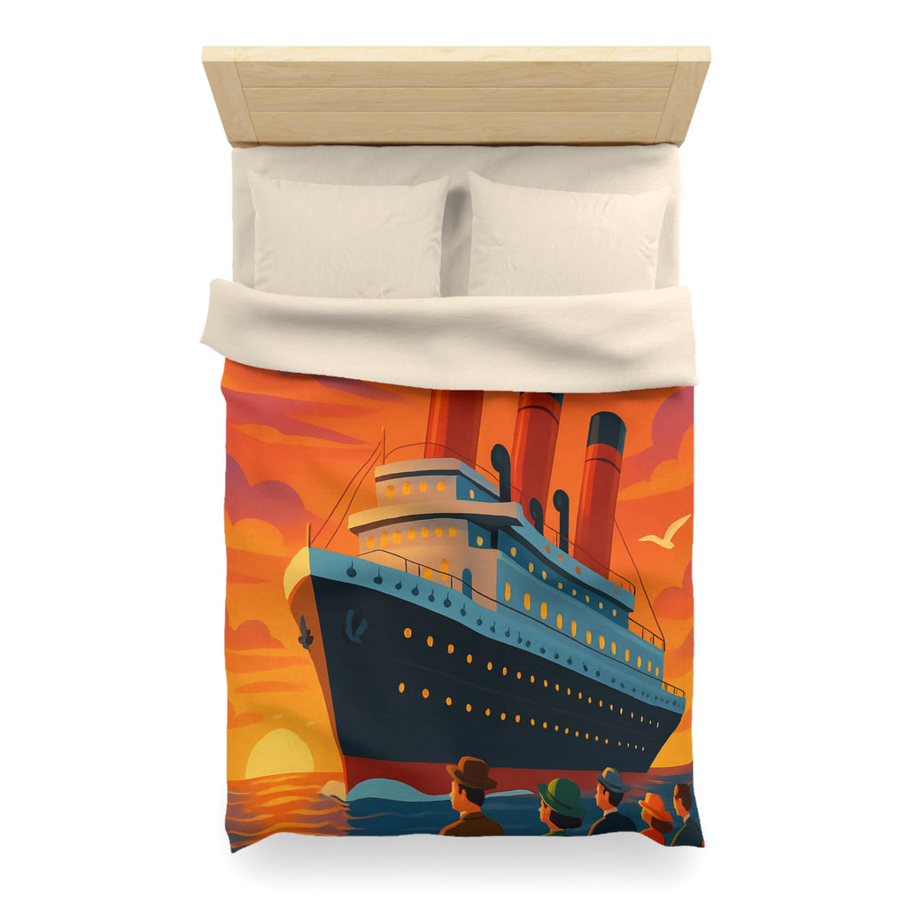 Superbe housse de couette avec paquebot vintage sous un coucher de soleil flamboyant