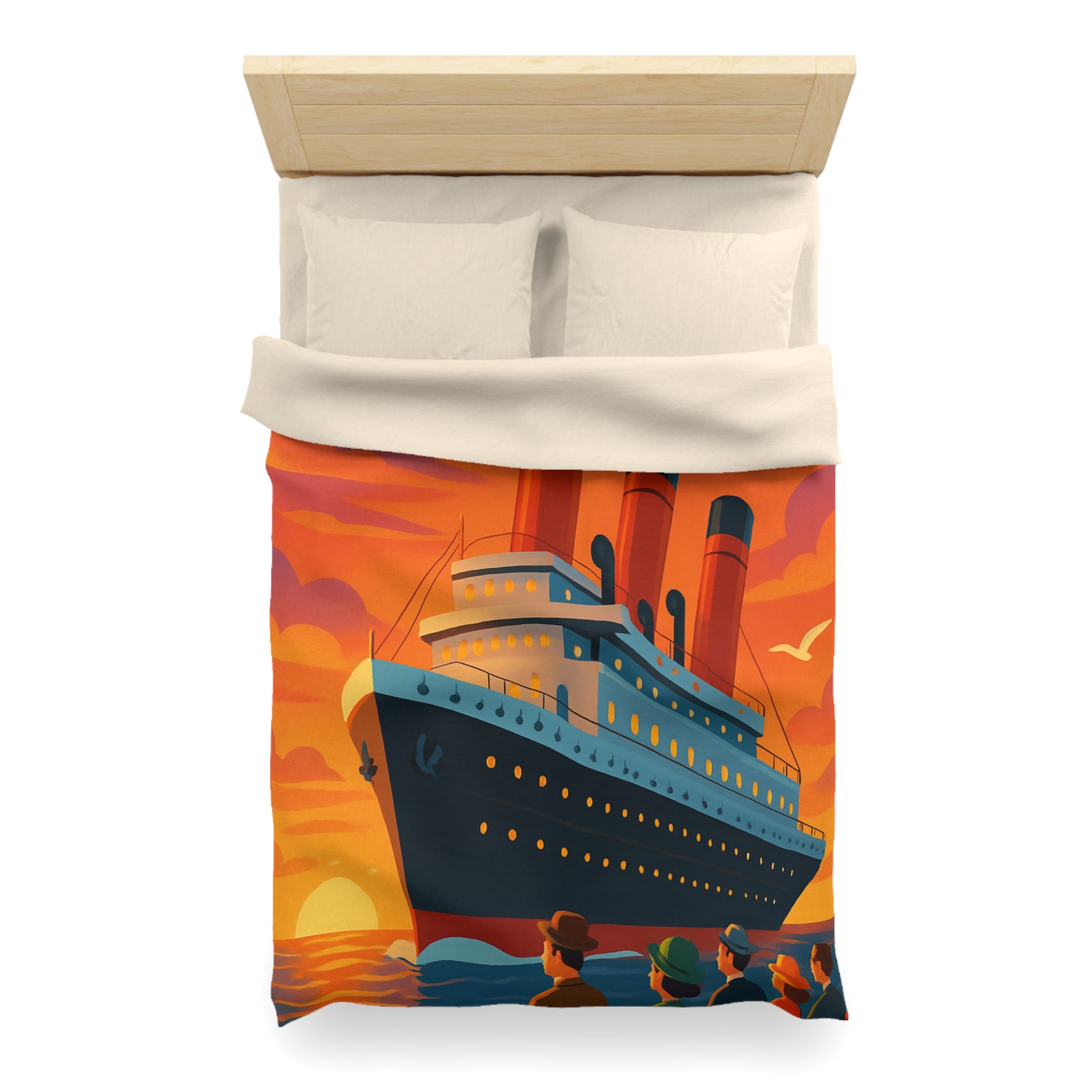 Superbe housse de couette avec paquebot vintage sous un coucher de soleil flamboyant