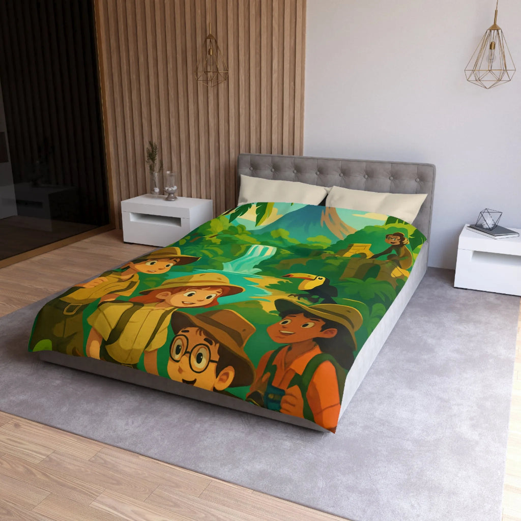 Housse de Couette Jungle Aventure Enfants avec Toucan, Monuments et Cascade Colorés