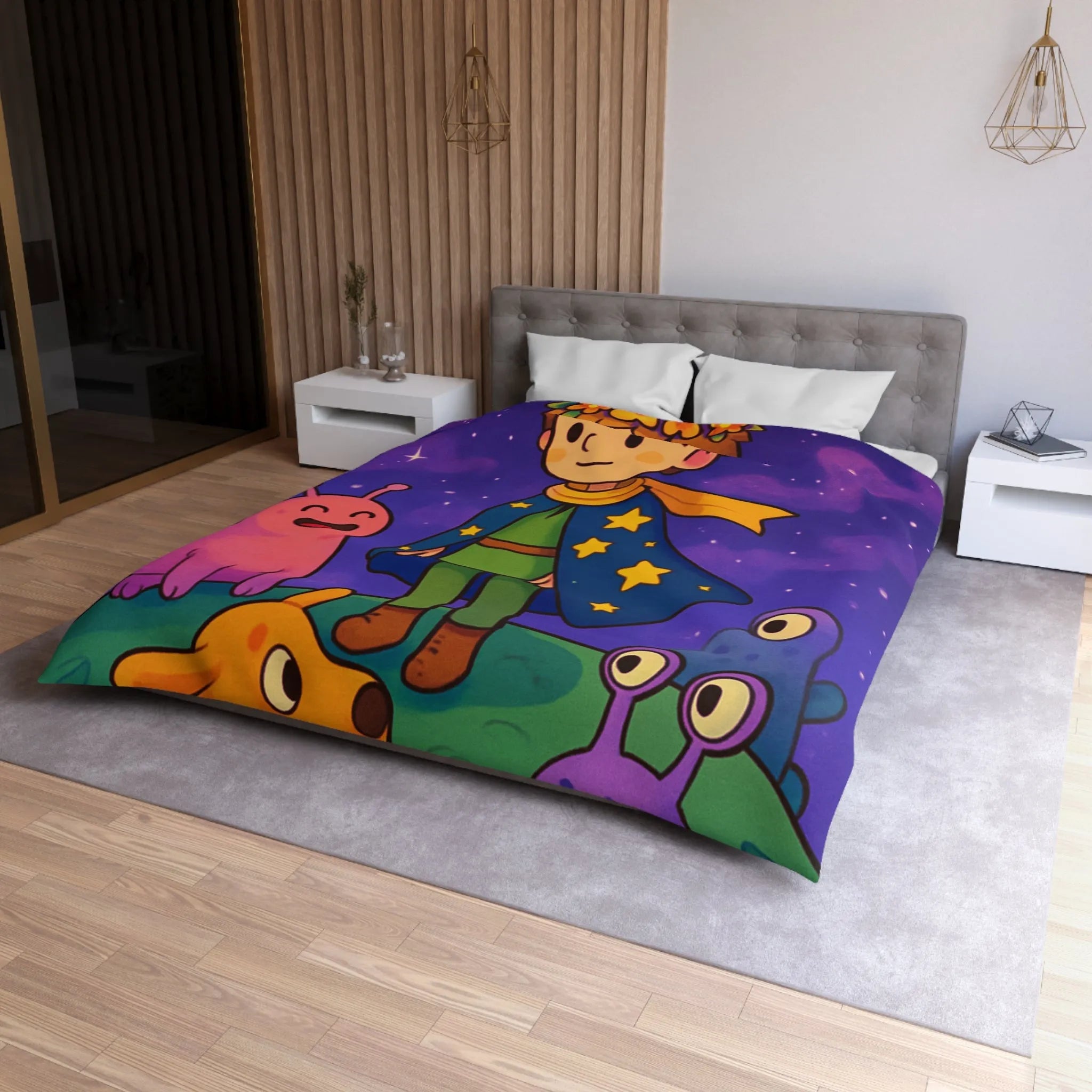 Housse de Couette Colorée Enfantine avec Enfant et Créatures sous Ciel Étoilé