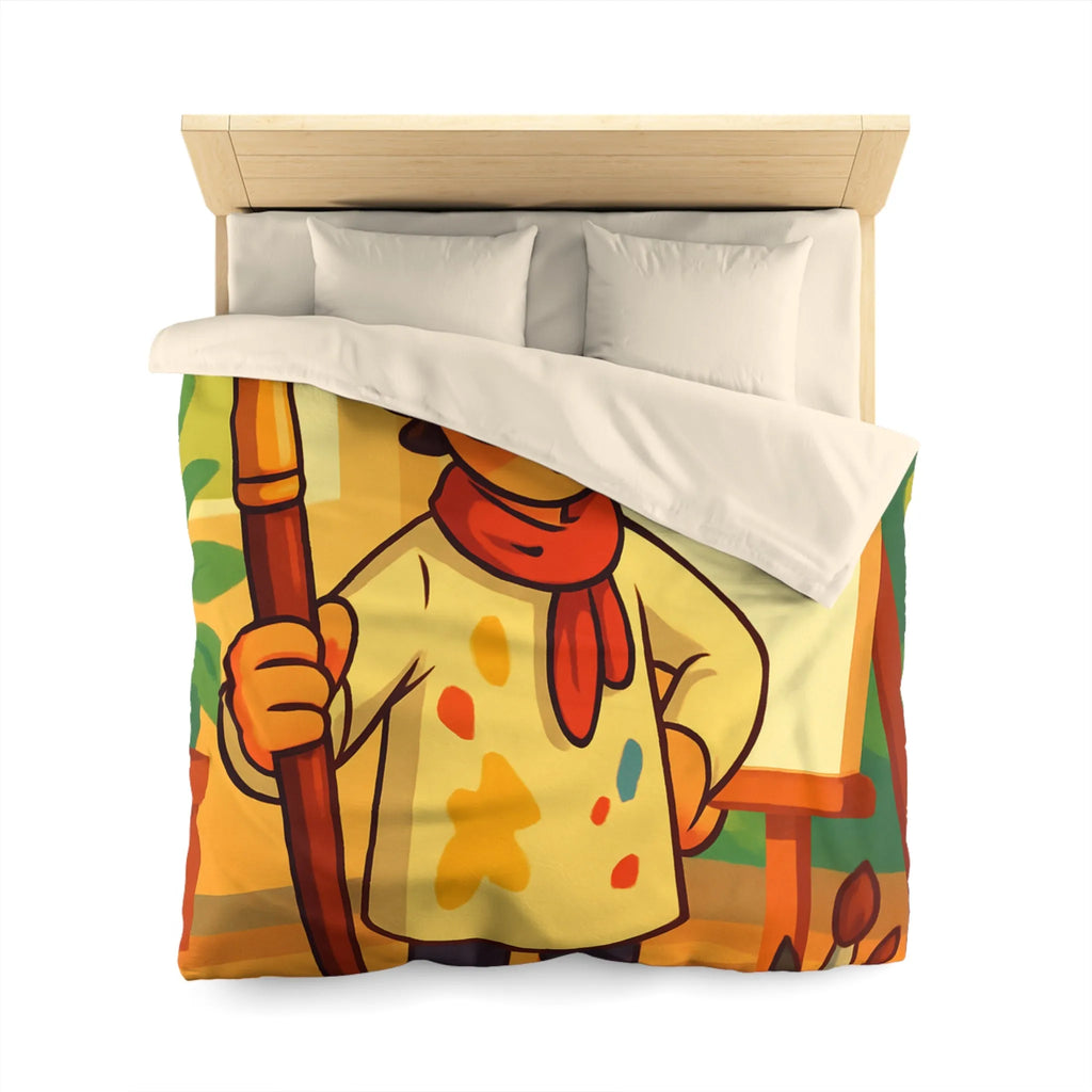 Housse de couette artiste moustachu amusant avec chevalet, pinceaux et pots de peinture