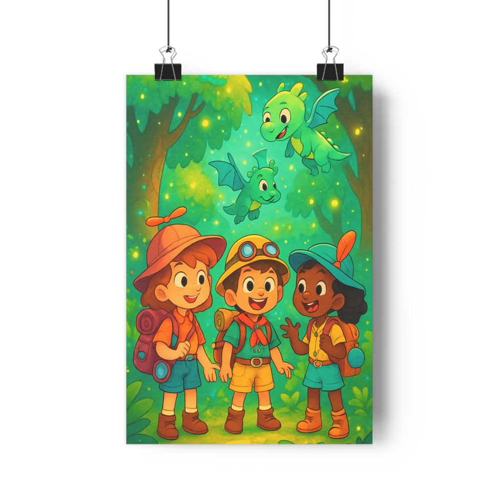 Poster décoratif cartoon enfants aventure forêt dragons vert lumineux joyeux magique chambre enfant 30x46