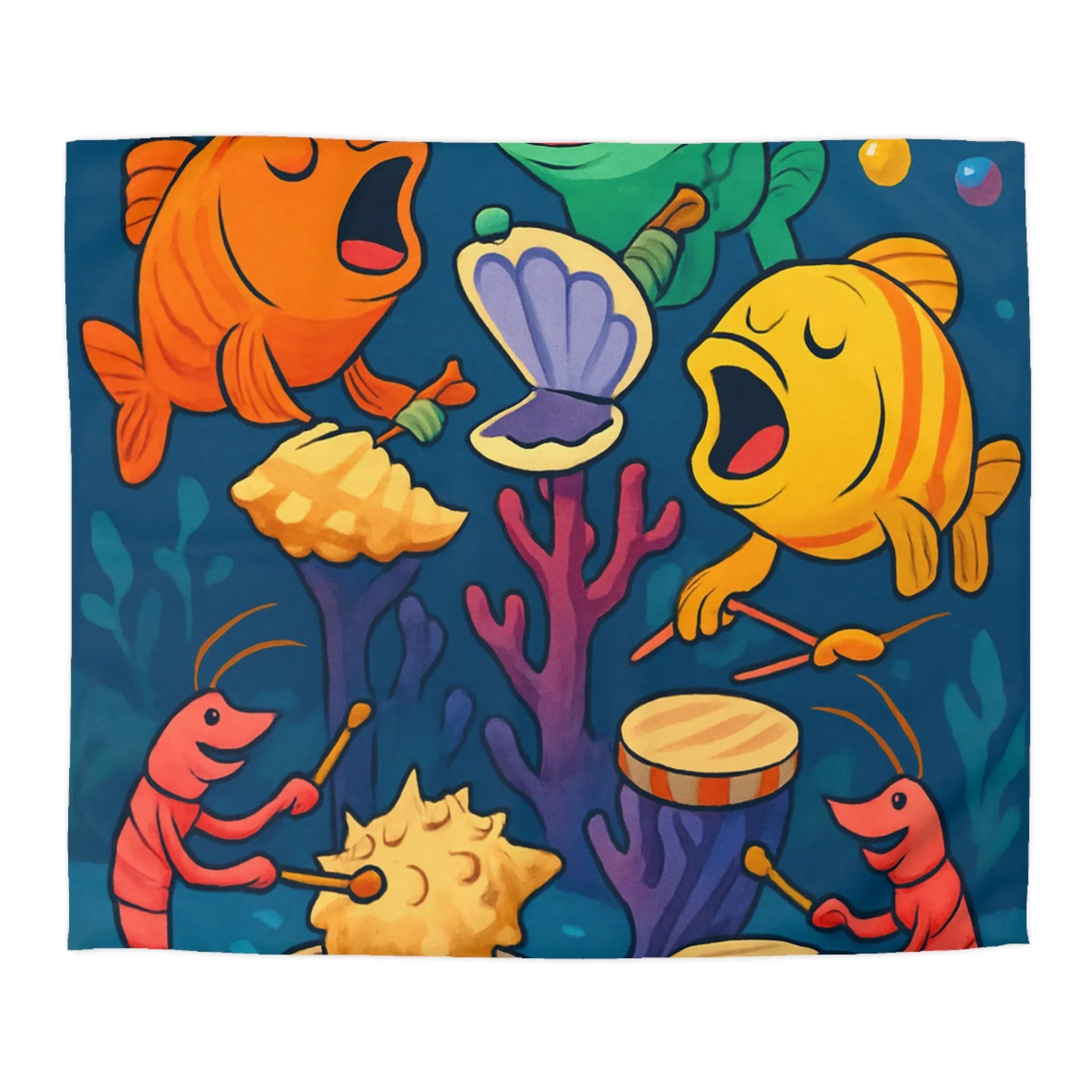 Housse de couette illustration colorée avec poissons chantants et crustacés musicaux sous l'océan