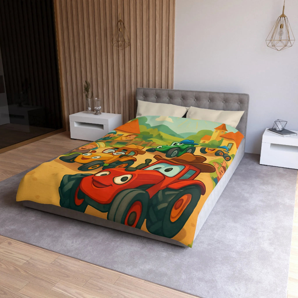 Housse de Couette Enfants Motif Tracteurs Souriants Champs Paysans Ensoleillés et Amusants
