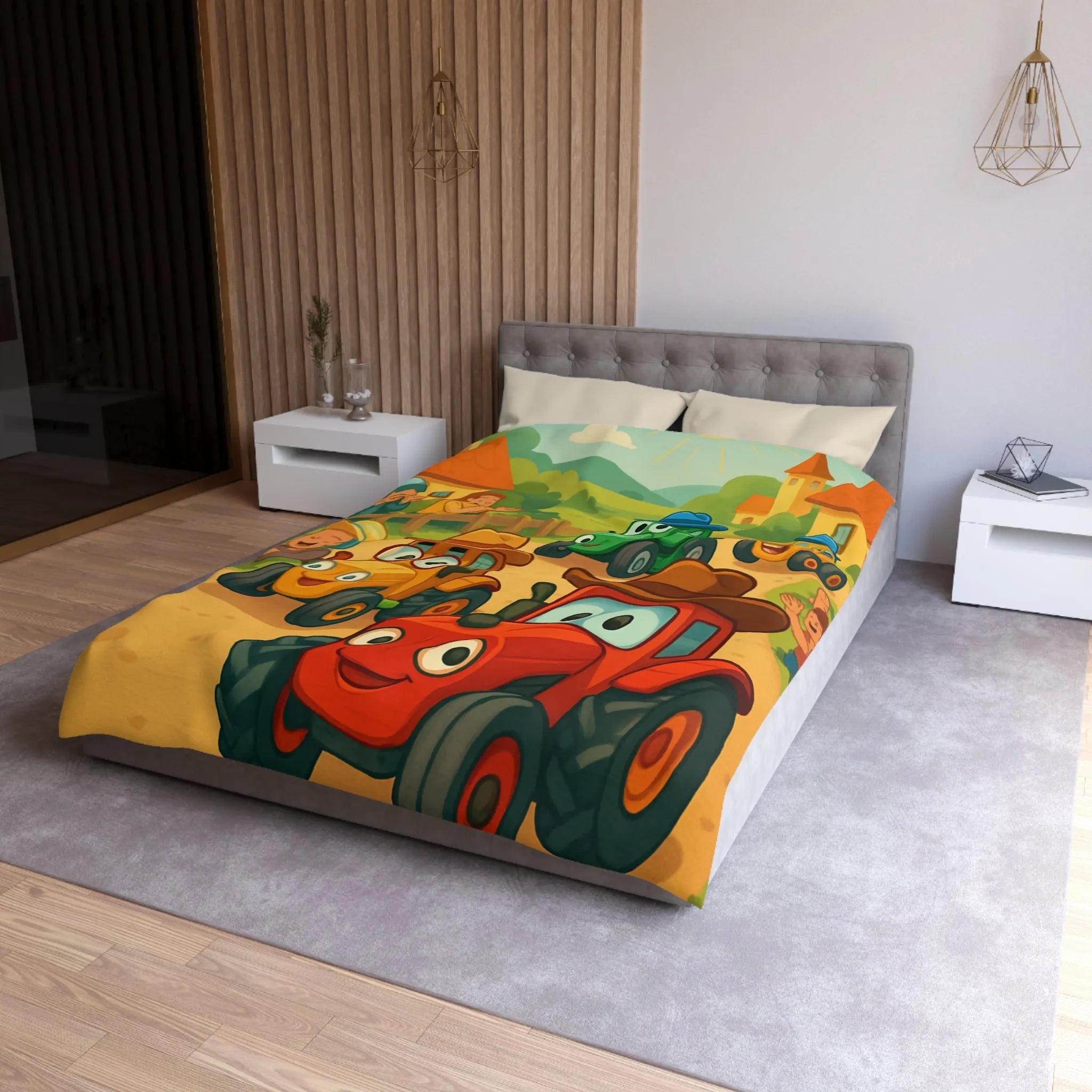 Housse de Couette Enfants Motif Tracteurs Souriants Champs Paysans Ensoleillés et Amusants