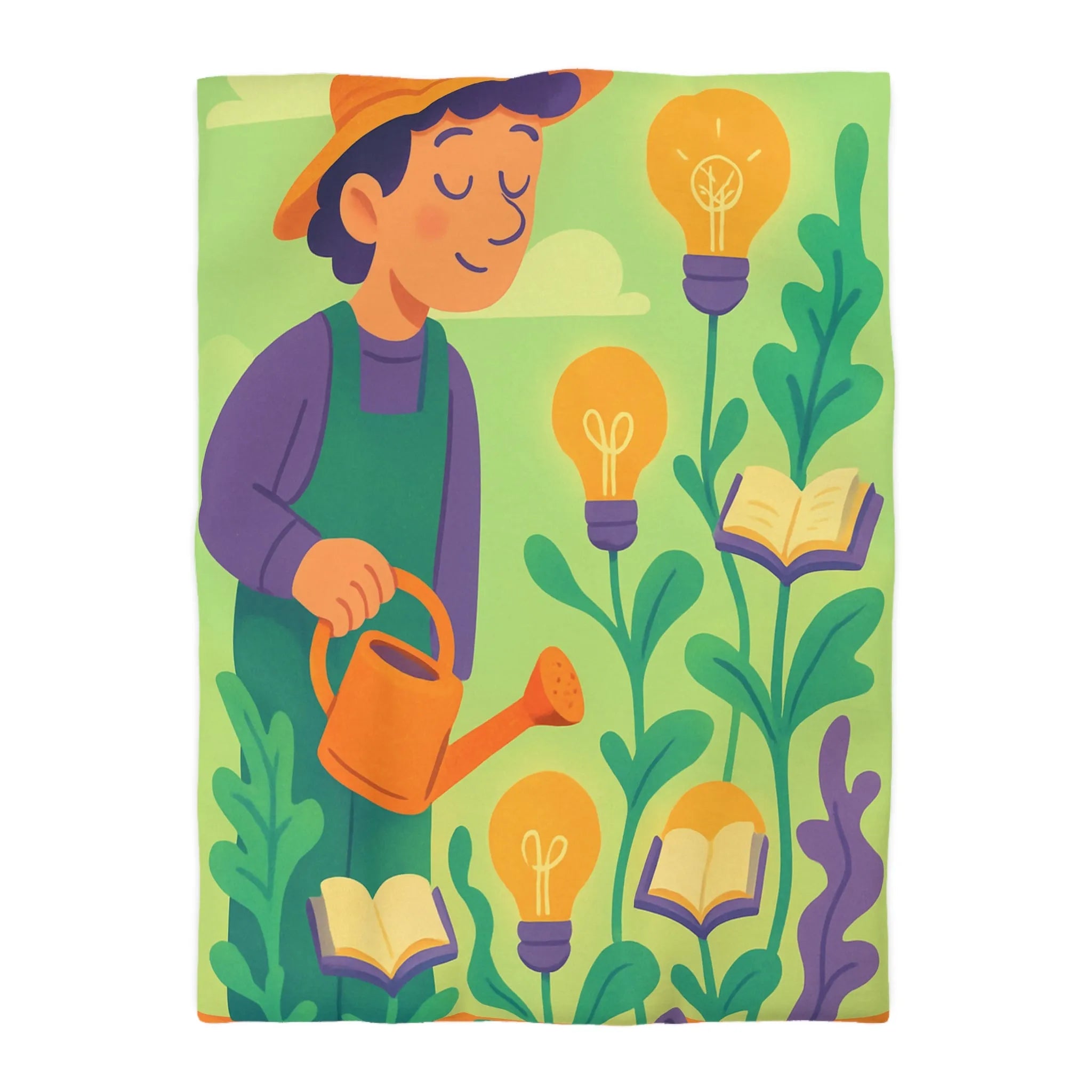 Housse de couette colorée avec jardinier arrosant plantes livres et ampoules