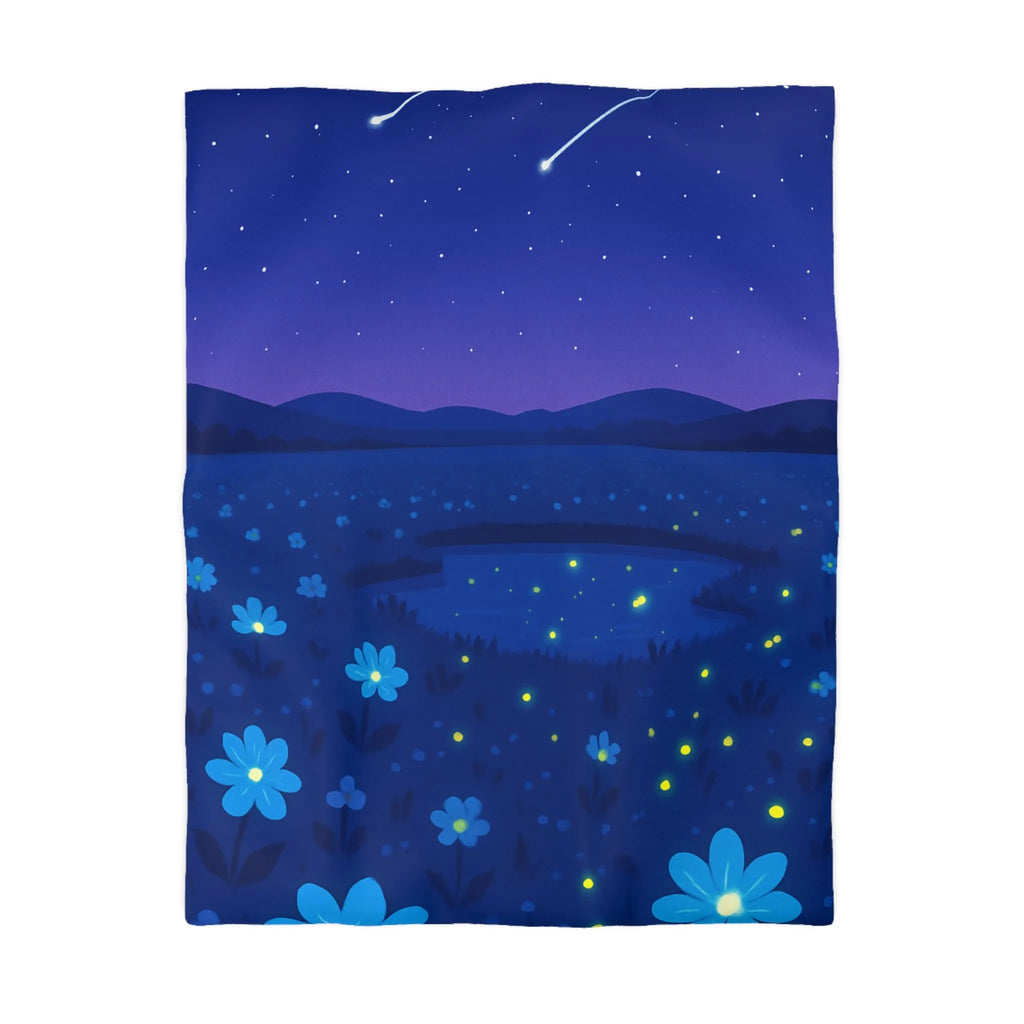 Housse de couette ciel étoilé bleu profond avec fleurs et étoiles filantes éblouissantes