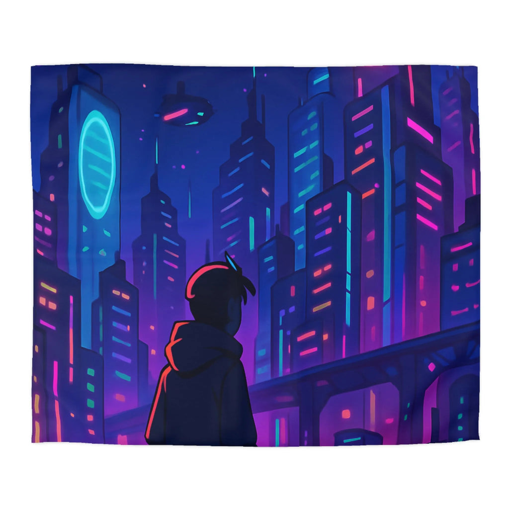 Housse de couette futuriste avec skyline néon vibrant et silhouette étoilée