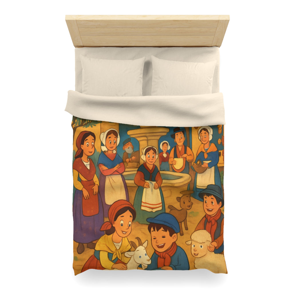 Housse de couette pour enfants avec scène villageoise festive et animaux mignons joyeux