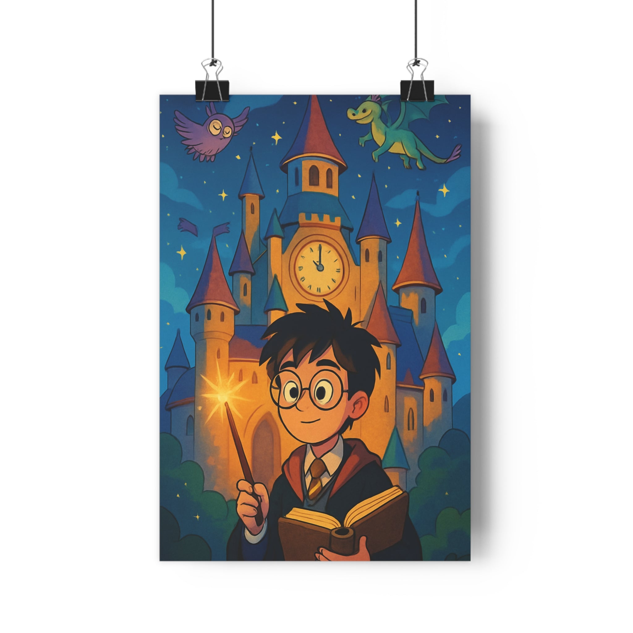 Poster décoratif magique bleu jaune mystique sorcier école chambre enfant féerique enchanté mur décoration