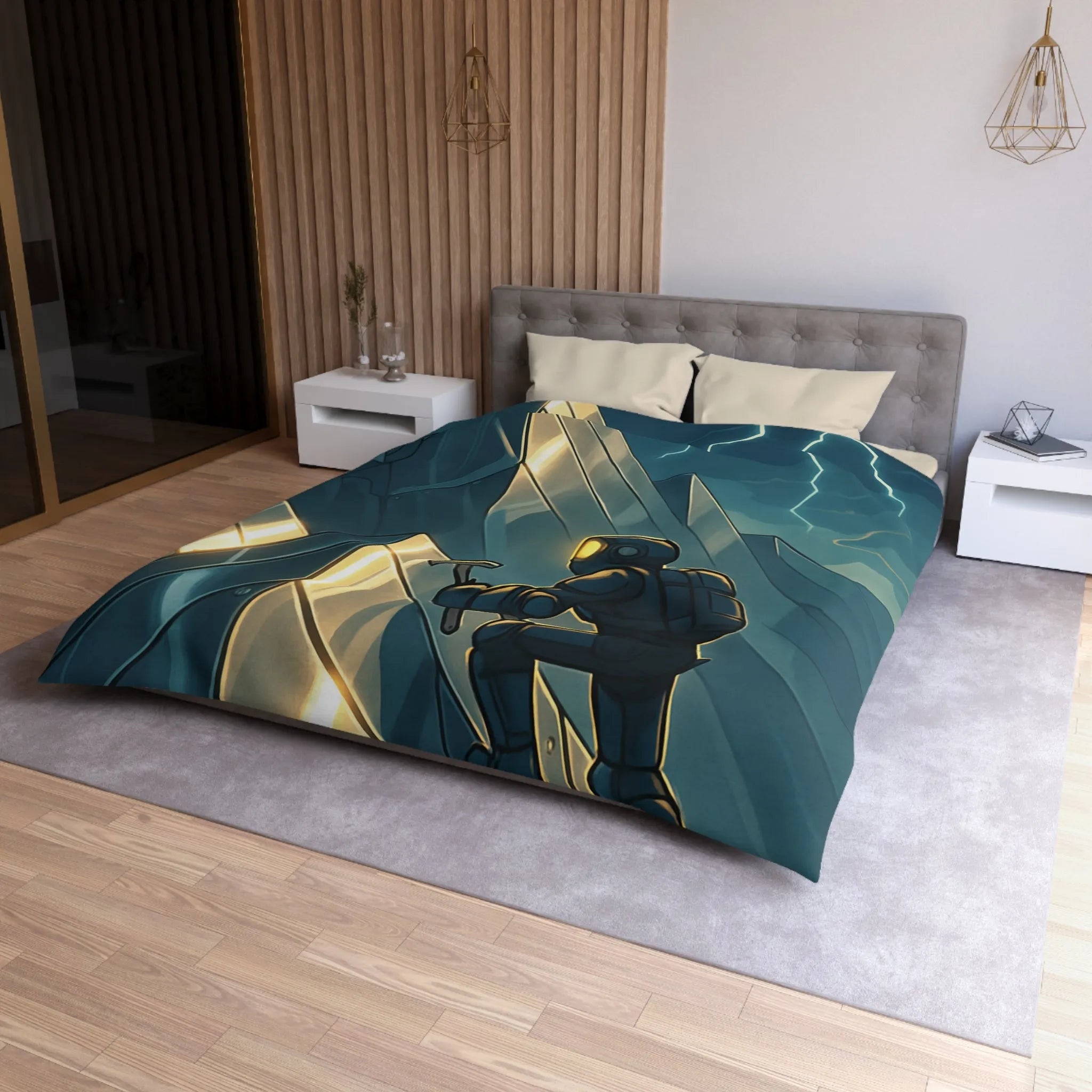 Housse de couette futuriste avec alpiniste et montagnes sous orage électrique