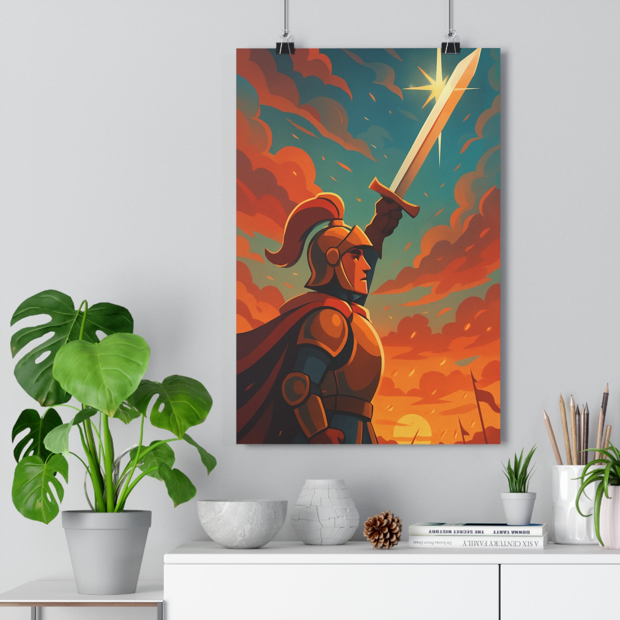 Poster décoratif chevalier épée coucher soleil animé vibrant aventure chambre bureau 30x46 cm moderne