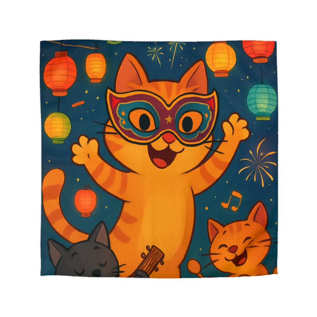 Housse de couette festive avec chats joyeux, feux d'artifice et lanternes colorées
