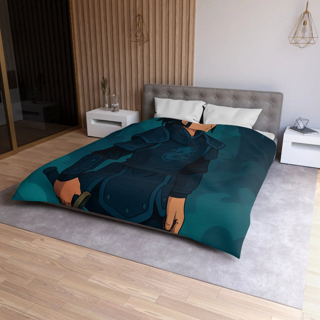 Housse de couette avec illustration guerrier en armure et épée dans la forêt magique