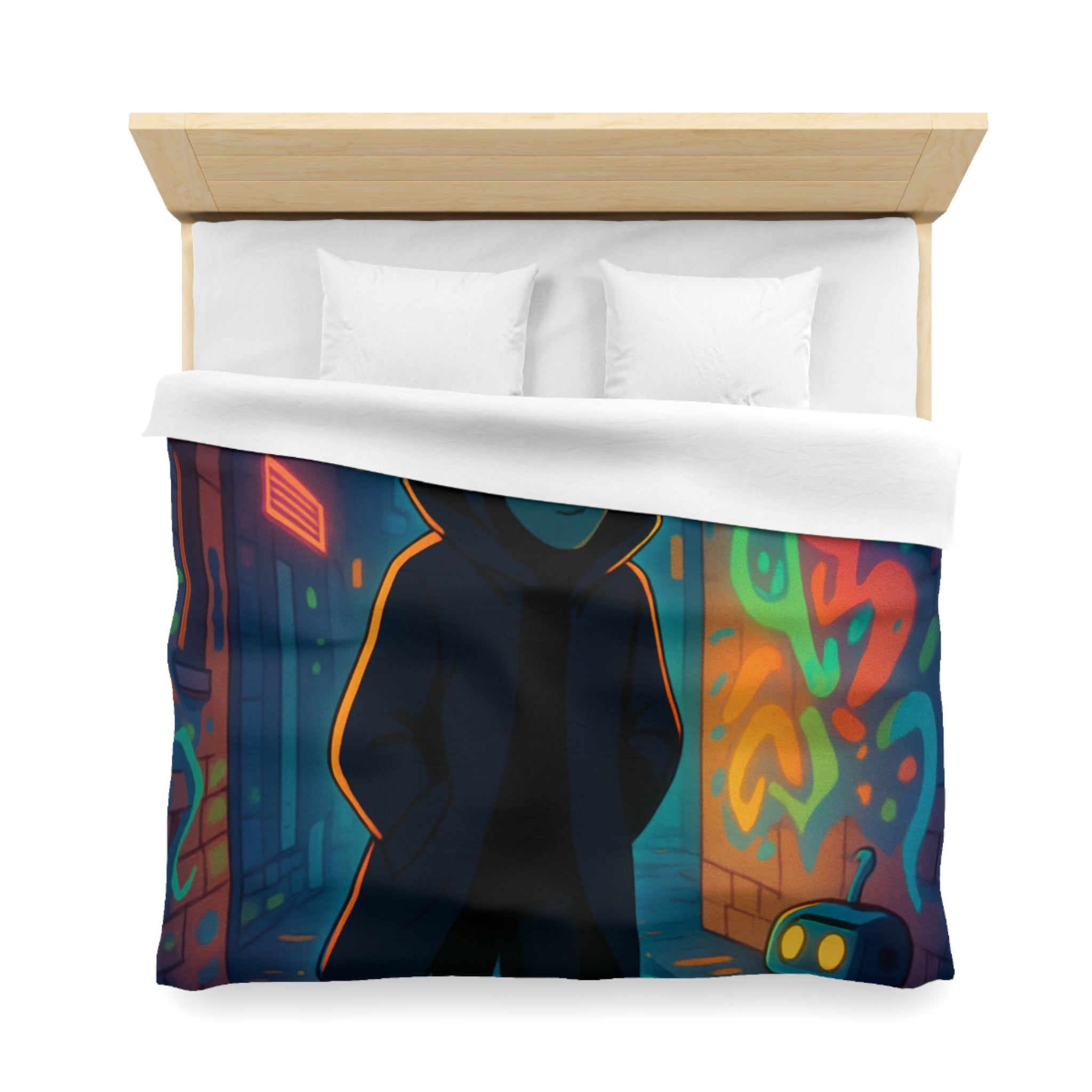 Housse de couette néon, ruelle urbaine cyberpunk avec technologie futuriste et graffitis colorés