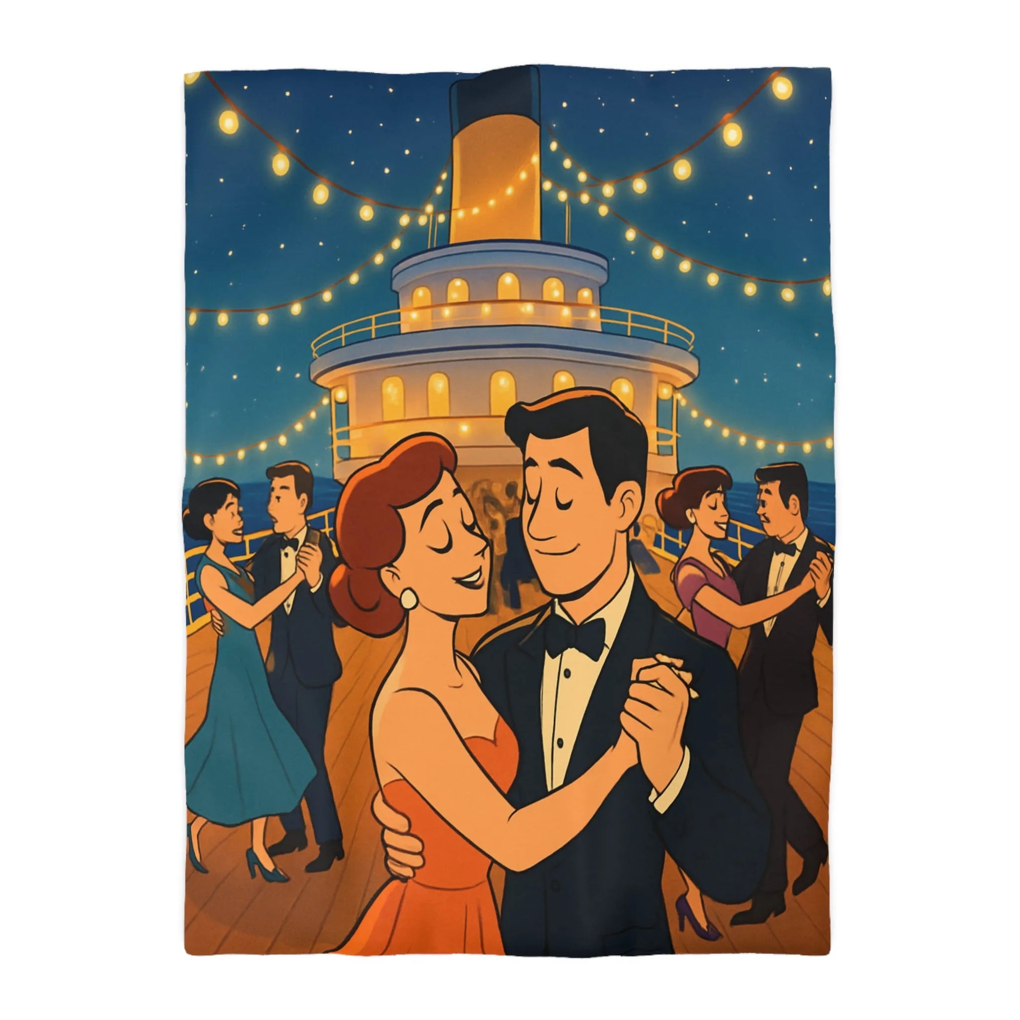 Housse de couette élégante avec danse romantique rétro sur un pont de navire