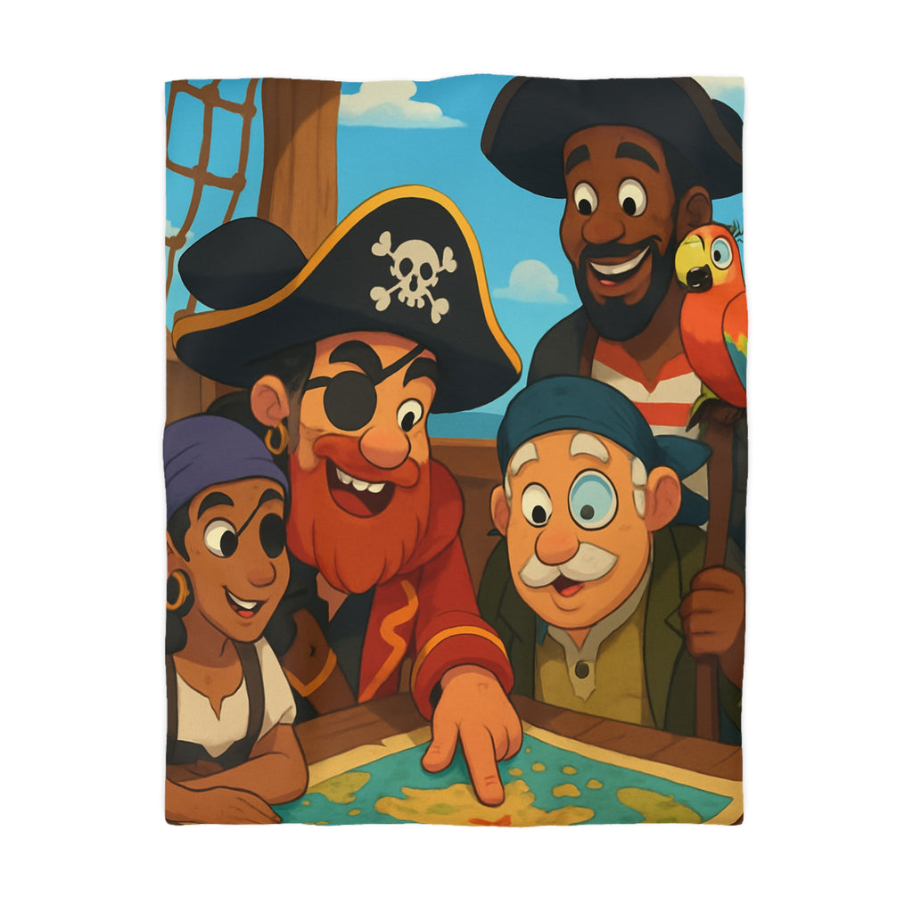 Housse de couette pirate colorée avec carte au trésor et équipage amical joyeux