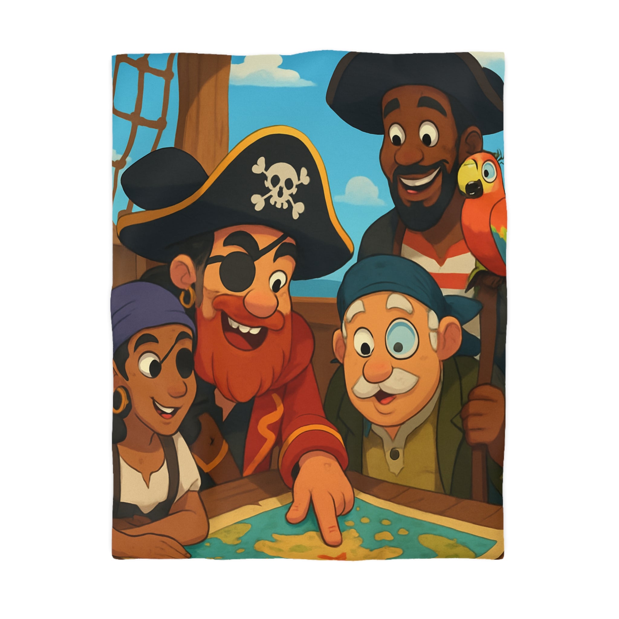 Housse de couette pirate colorée avec carte au trésor et équipage amical joyeux