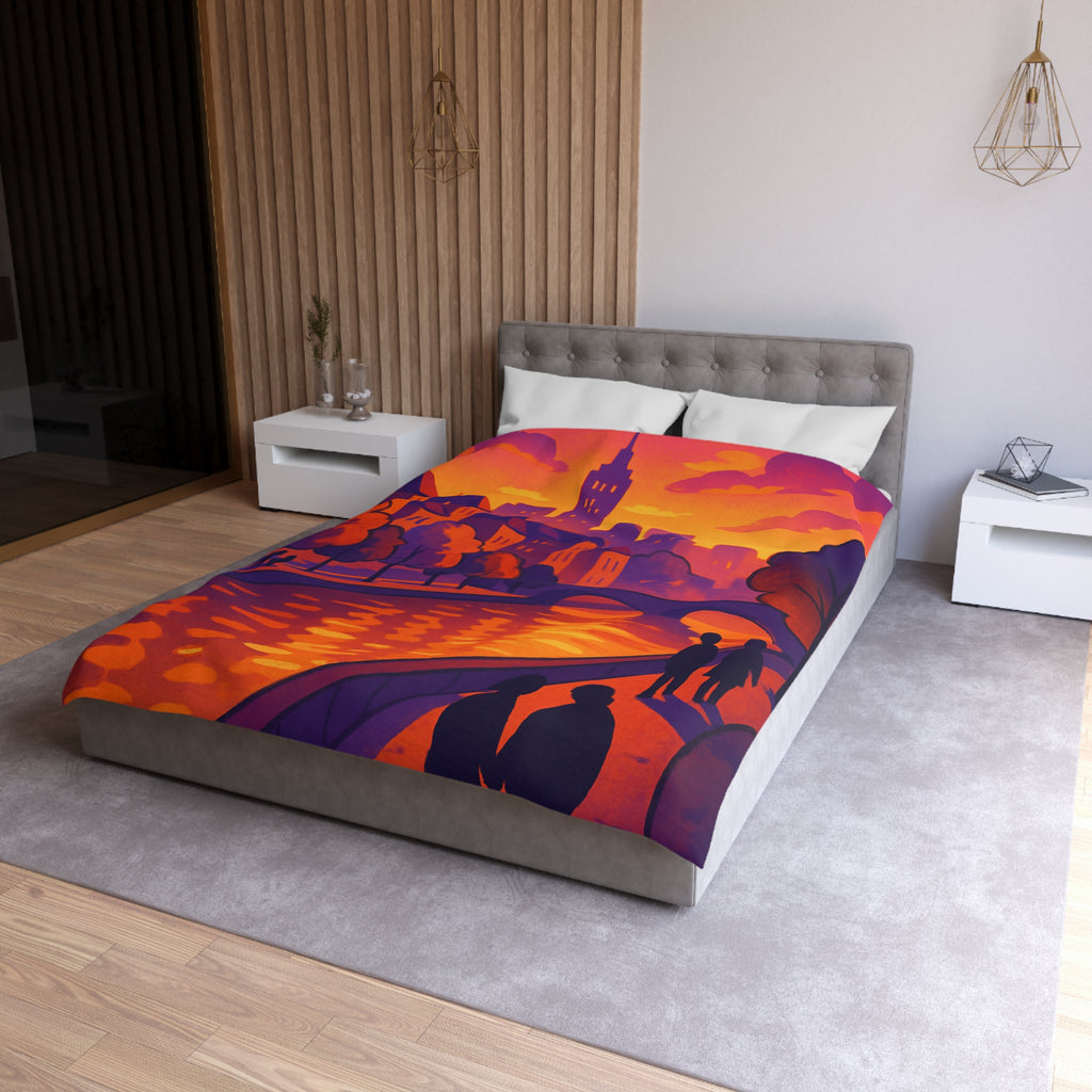 Vibrant paysage urbain crépusculaire avec silhouettes et rivière pour housse de couette