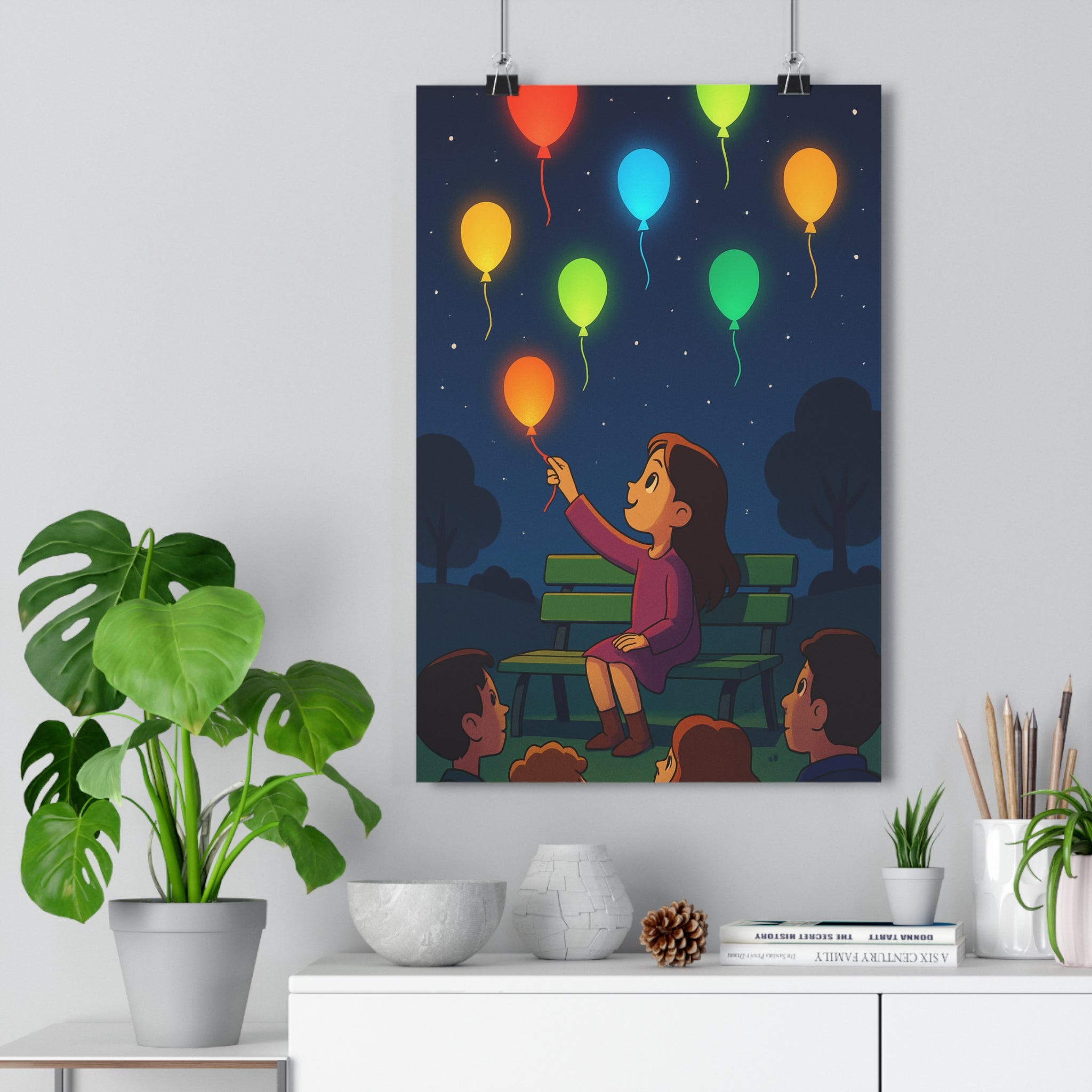 Poster décoratif animé coloré orange bleu vert rouge nuit étoilée enfant espoir lumière contrastes