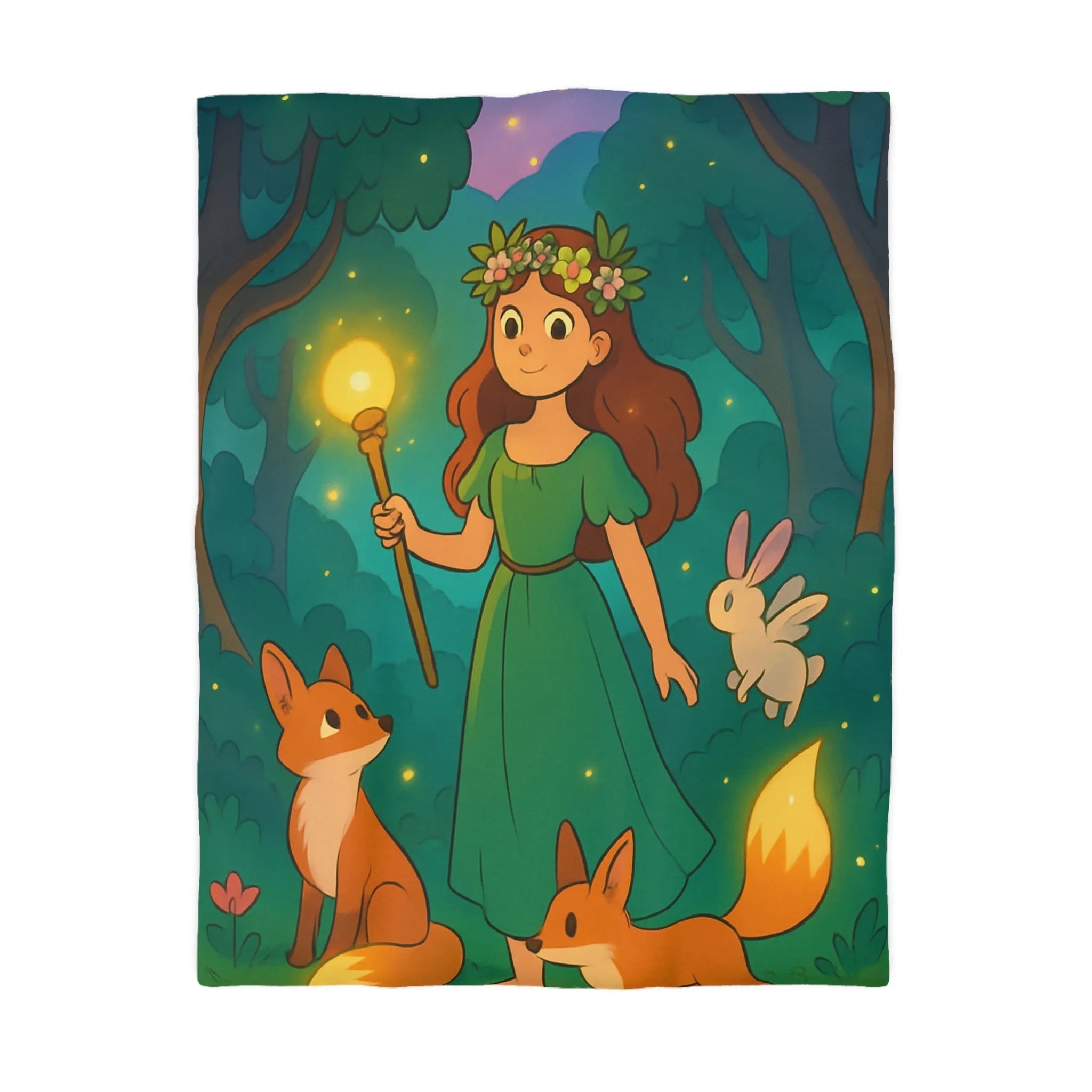 Housse de couette féerique avec fille et animaux en forêt enchantée, lumineuse et magique