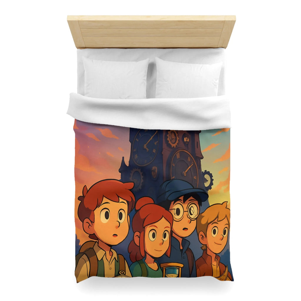 Housse de couette illustrée aventure jeunesse horloges coucher de soleil style animé vibrant