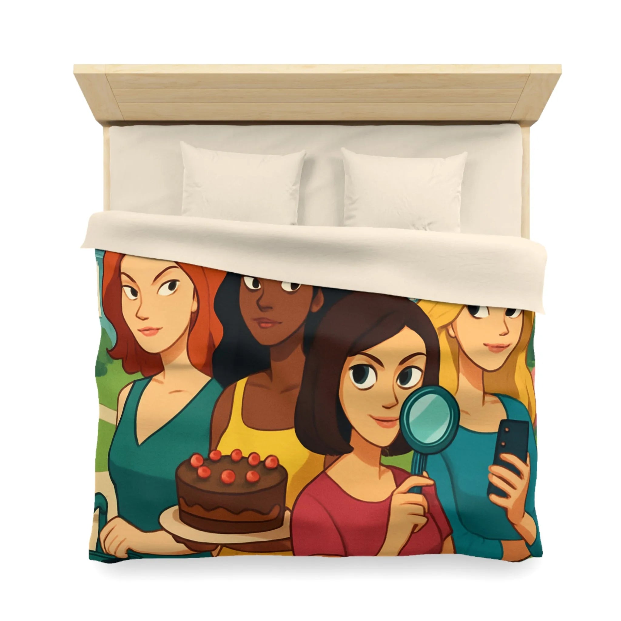 Housse de Couette Illustrée Fête Femme Jardin avec Loupe Gâteau et Téléphone