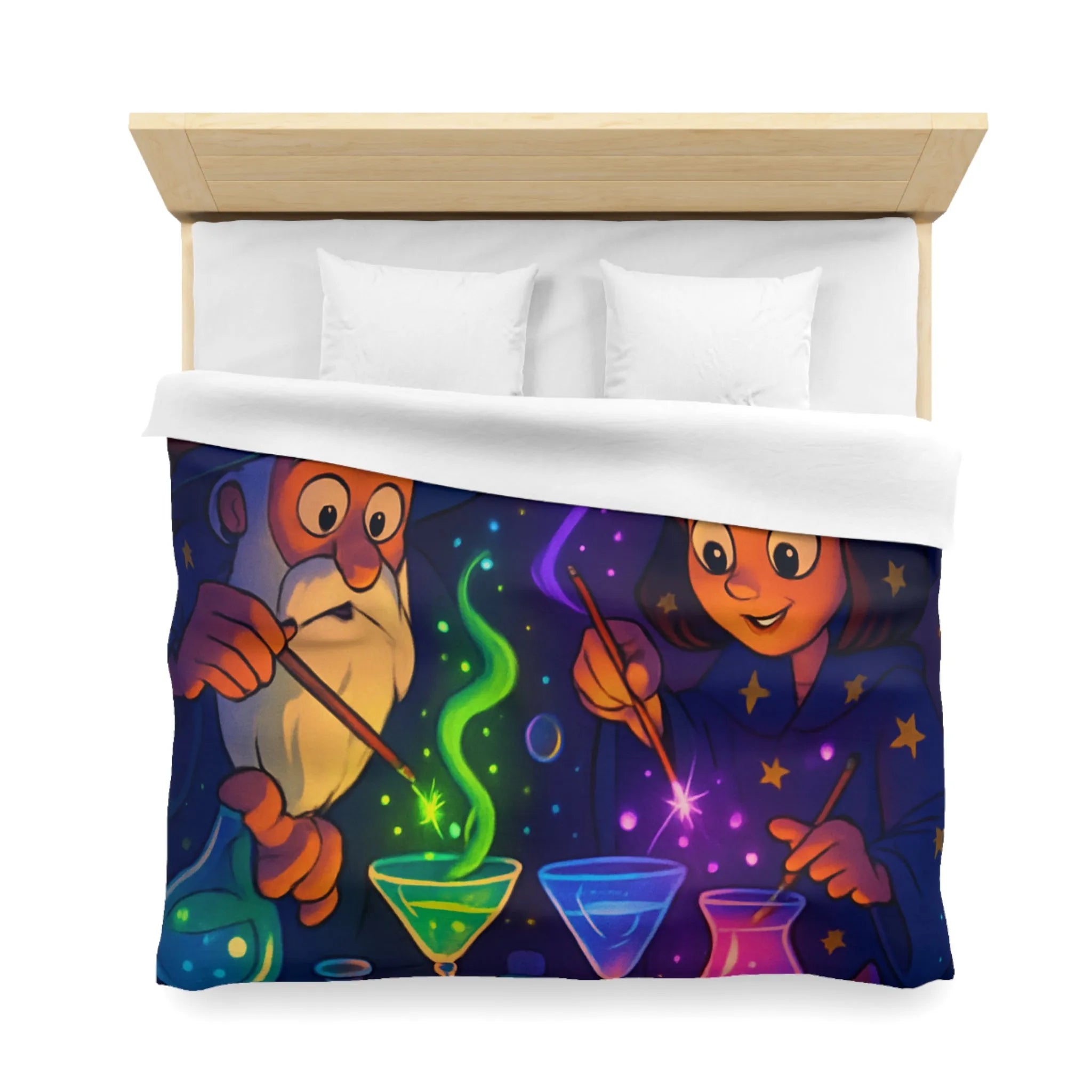 Housse de couette magique avec sorciers et potions dans un atelier enchanteur