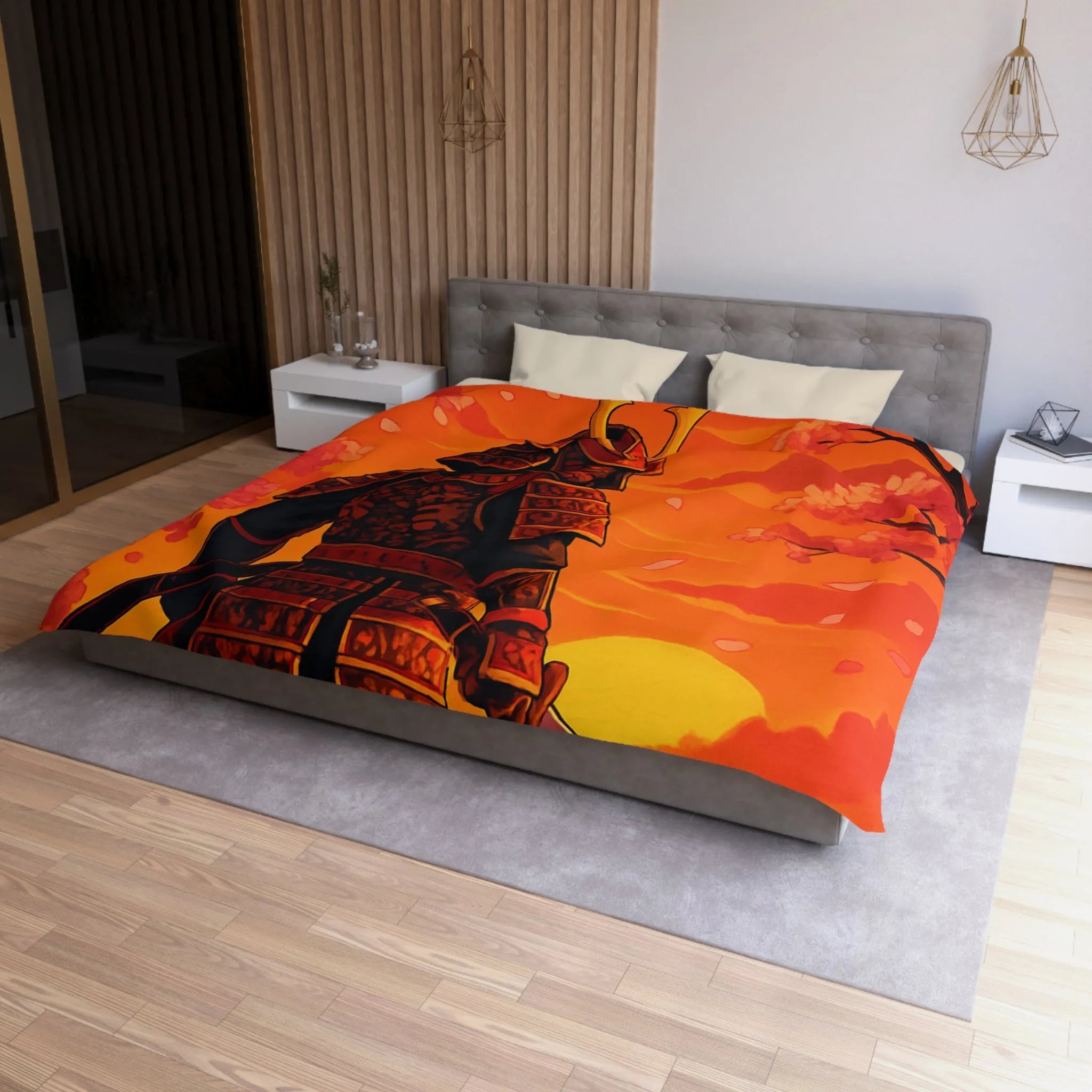 Housse de couette avec motif samouraï au coucher du soleil, arbres et fleurs roses