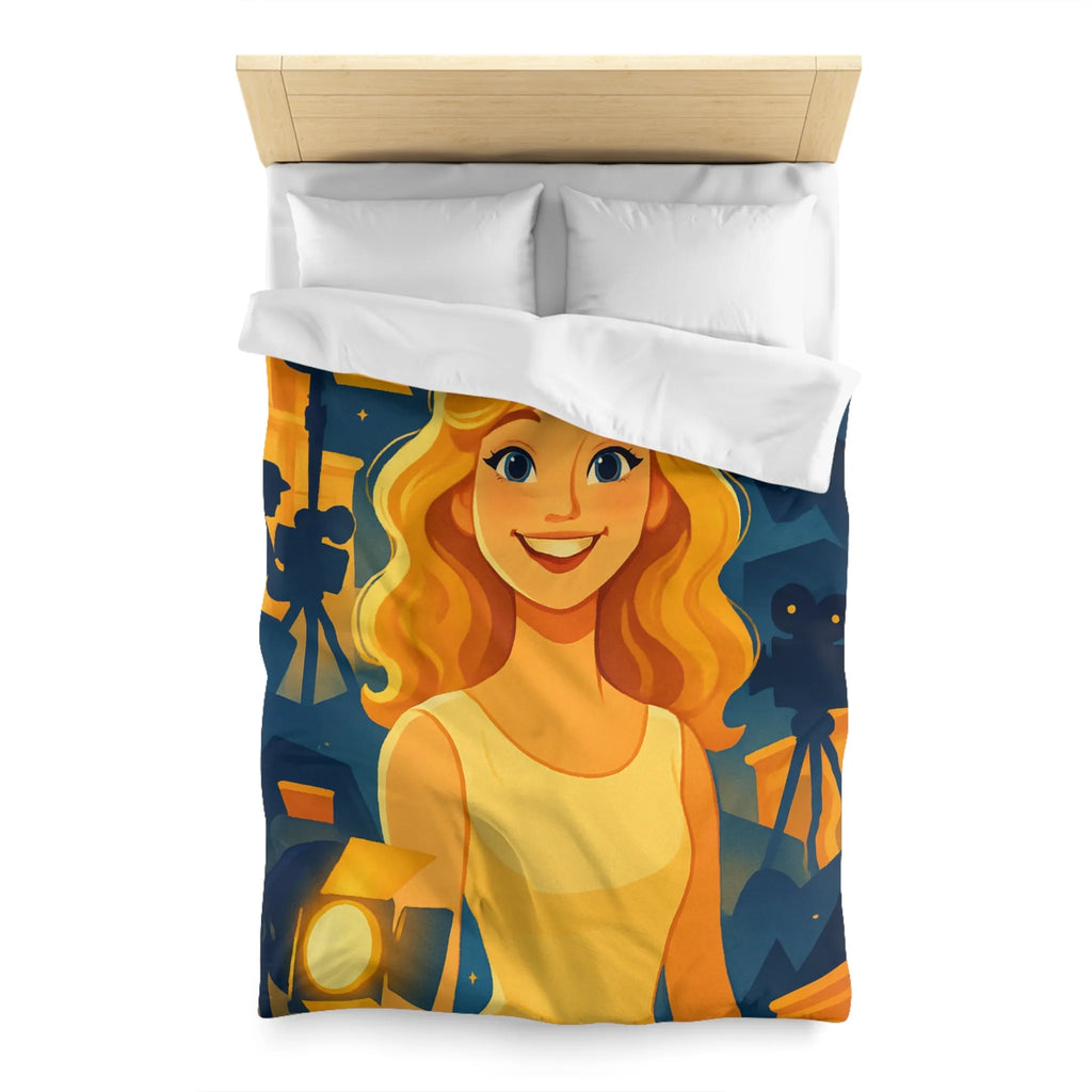 Housse de couette avec scène de tournage glamour et personnages stylisés illuminés