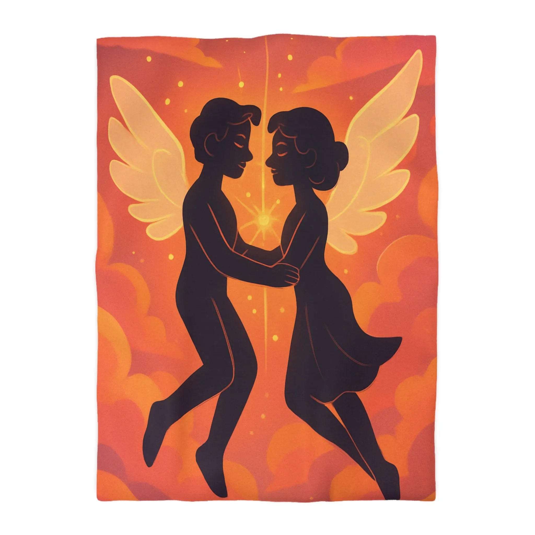 Housse de couette avec anges amoureux flottant dans nuages orangés dorés au crépuscule
