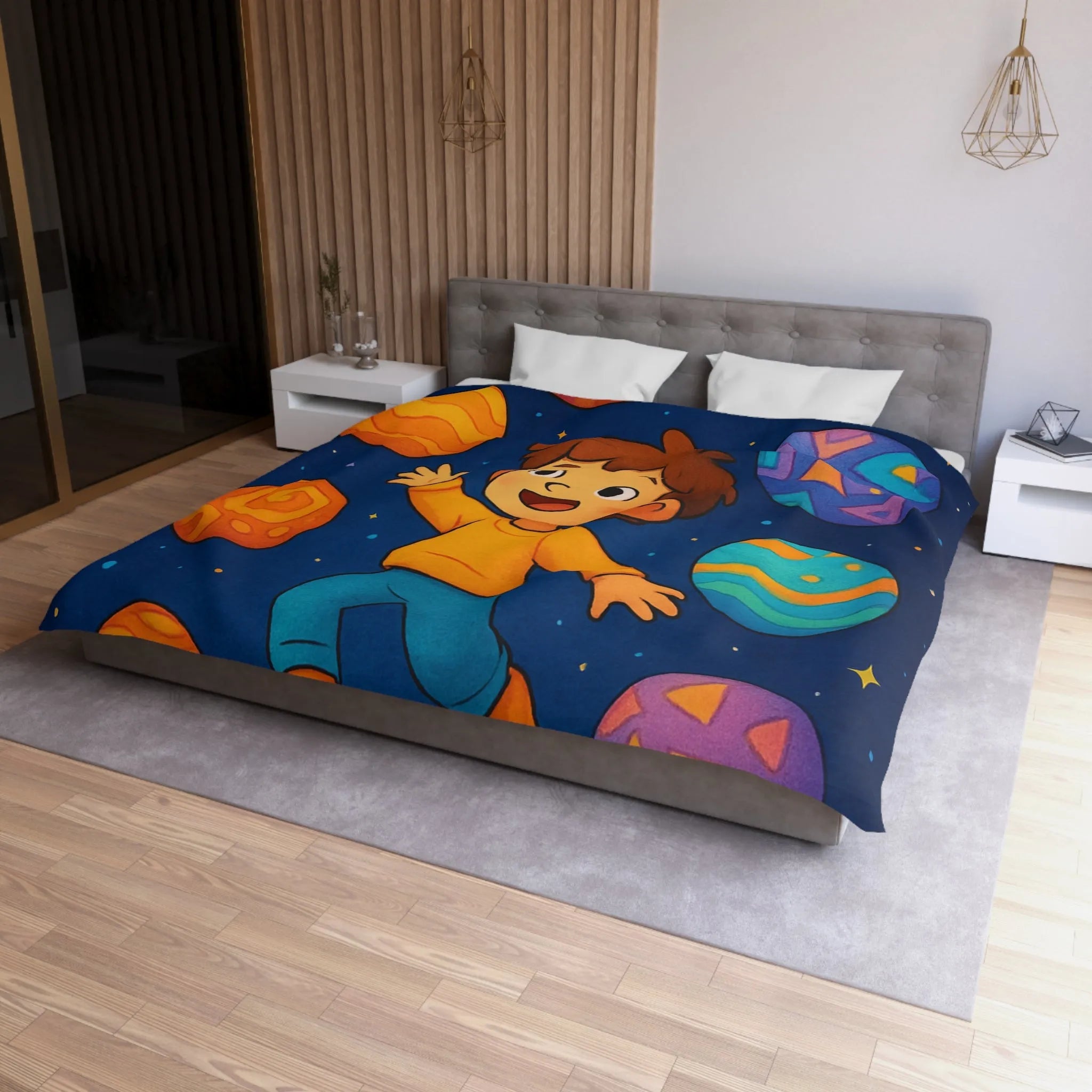 Housse de couette enfant planète colorée avec garçon dans l'espace étoilé vibrant