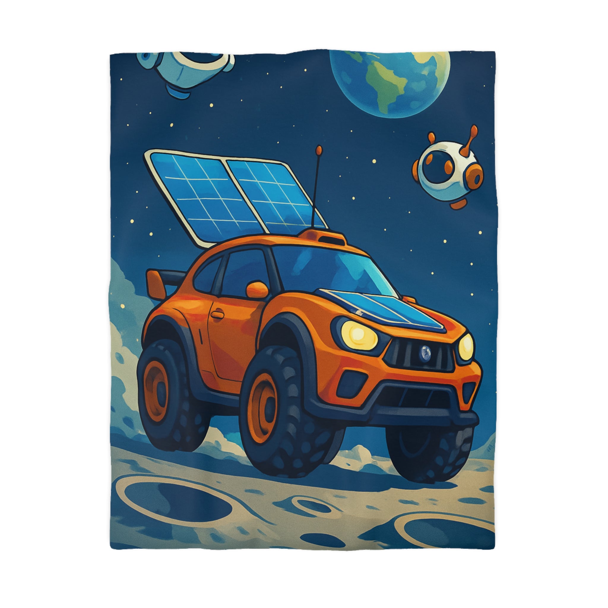 Housse de couette spatiale avec voiture orange et robots sur fond lunaire captivant