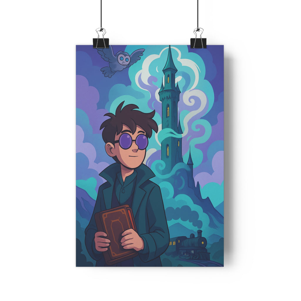 Poster décoratif mystique personnage jeune lunettes livre ancien tour magique chambre enfant cartoon vibrant