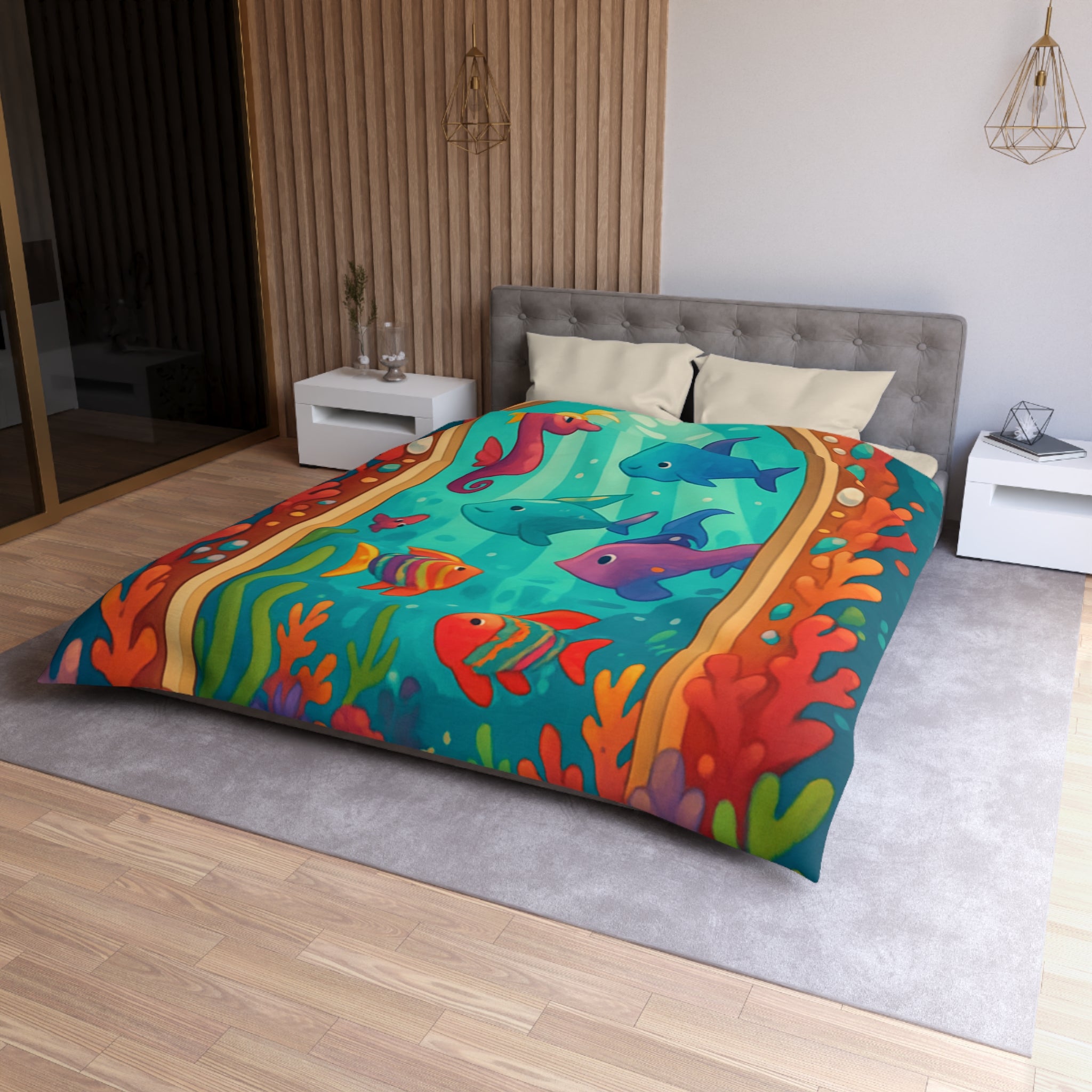 Housse de Couette Océanique avec Poissons Colorés, Coraux et Hippocampe Fantaisie Enchantés