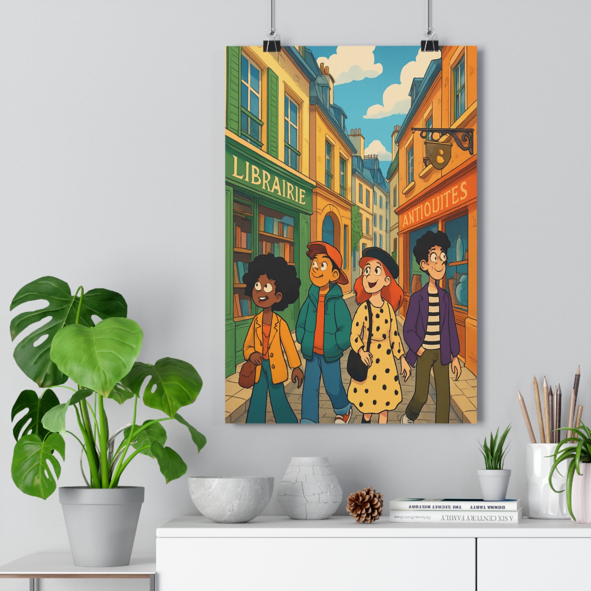 Poster décoratif bande dessinée jaune vert bleu joyeux salon chambre enfants aventure ruelles boutiques