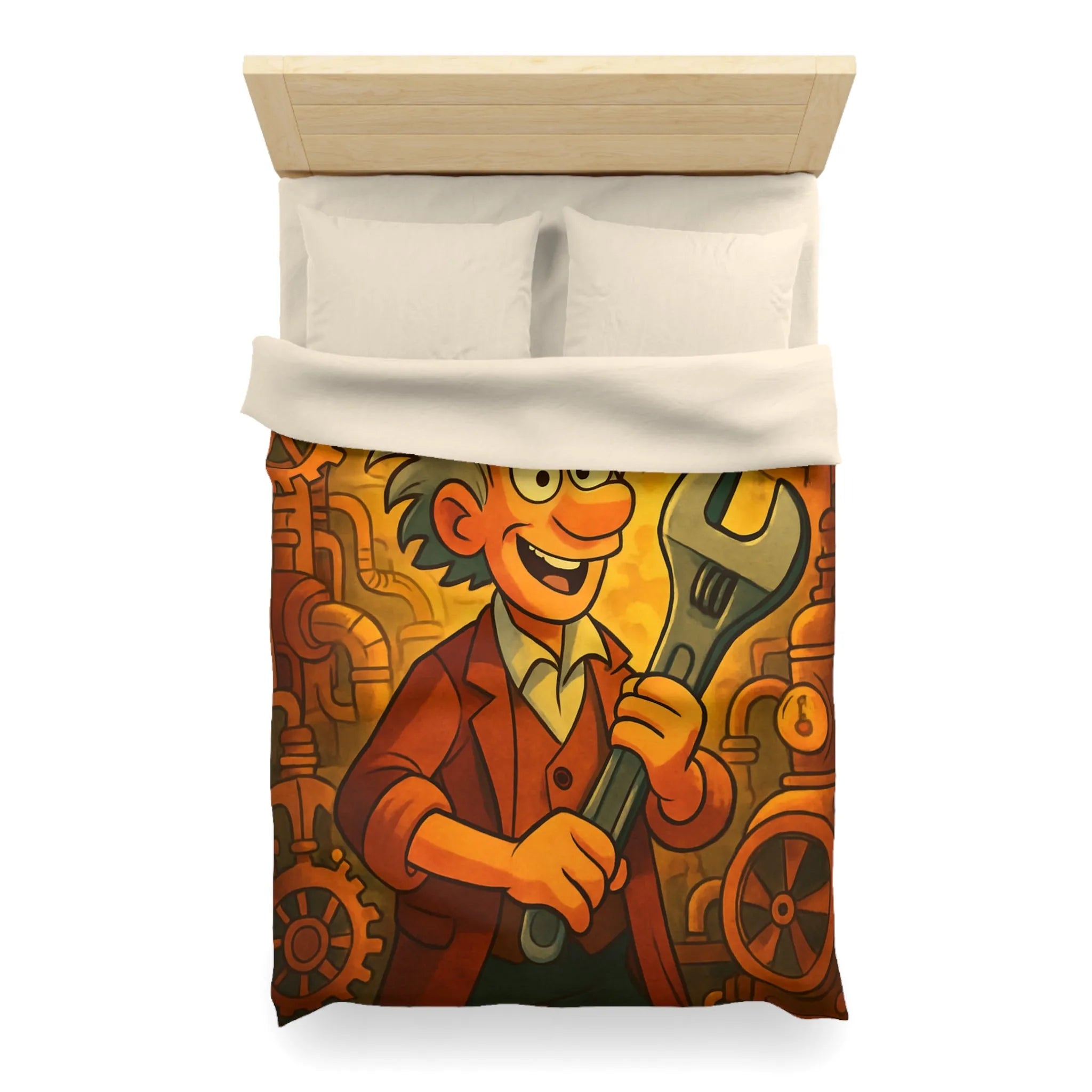 Housse de couette au style rétro avec inventeur animé dans un atelier coloré