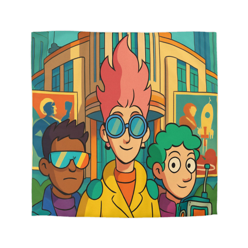 Housse de couette rétro futuriste colorée avec personnages et architecture urbaine stylisée