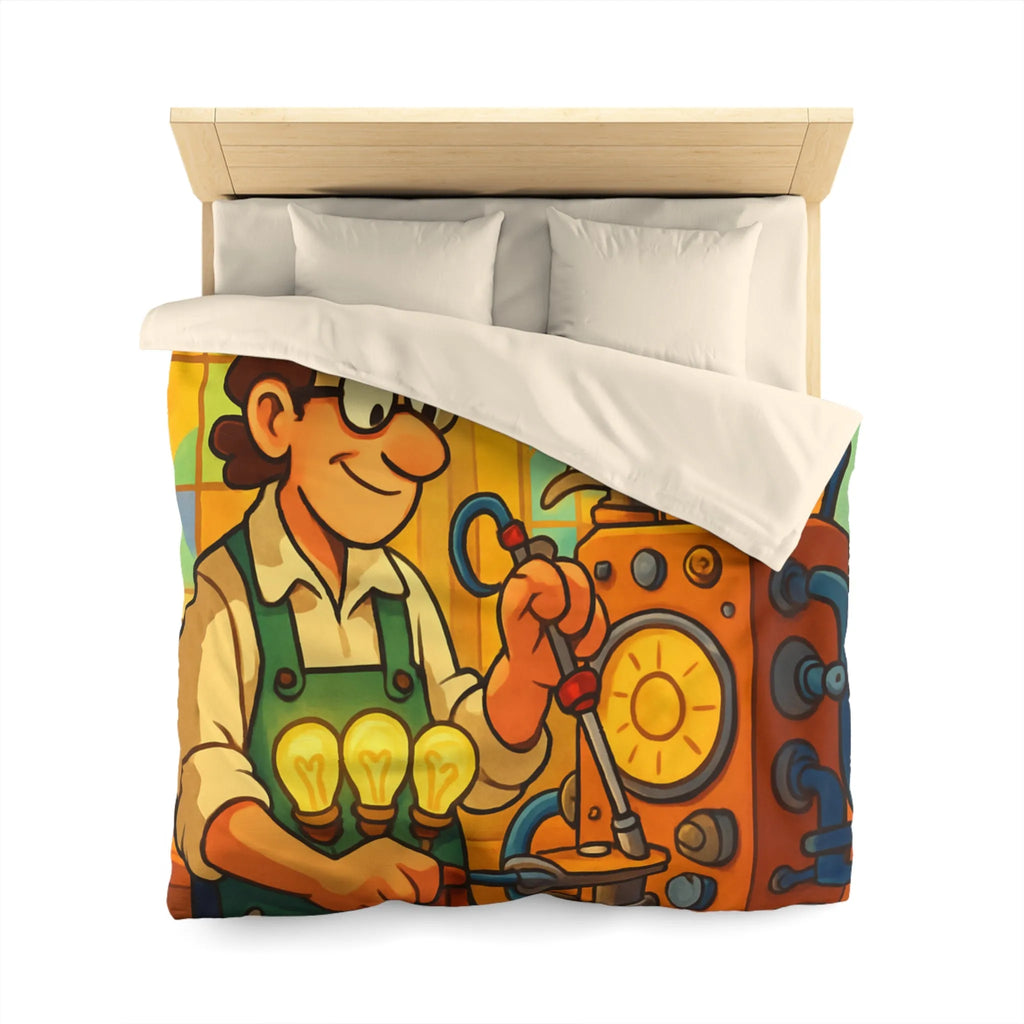 Housse de Couette Illustre Inventeur avec Machine Énergétique et Vitrail Coloré Artistique