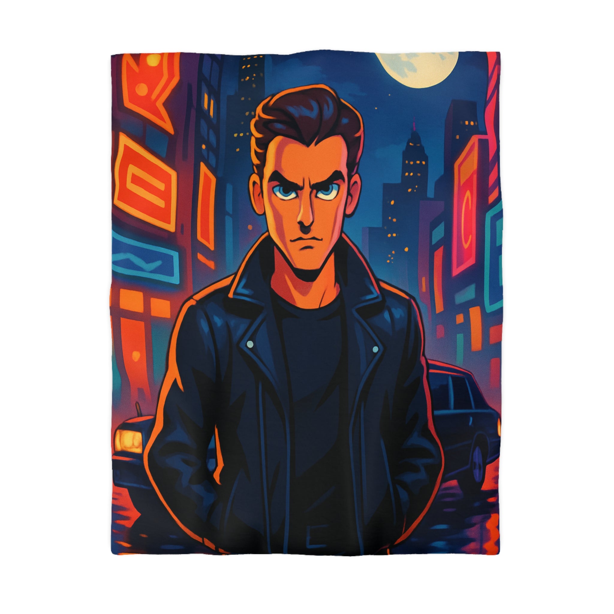 Housse de couette style rétro avec personnage en ville lumineuse sous pleine lune