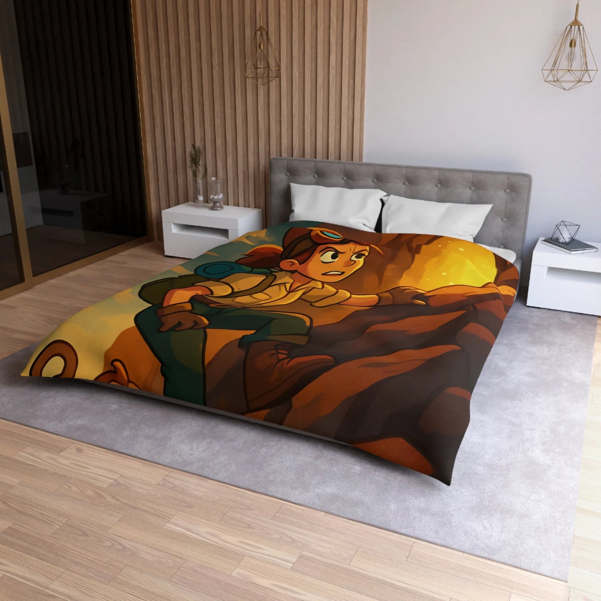 Housse de couette aventure colorée avec jeune explorateur et singe devant grotte lumineuse