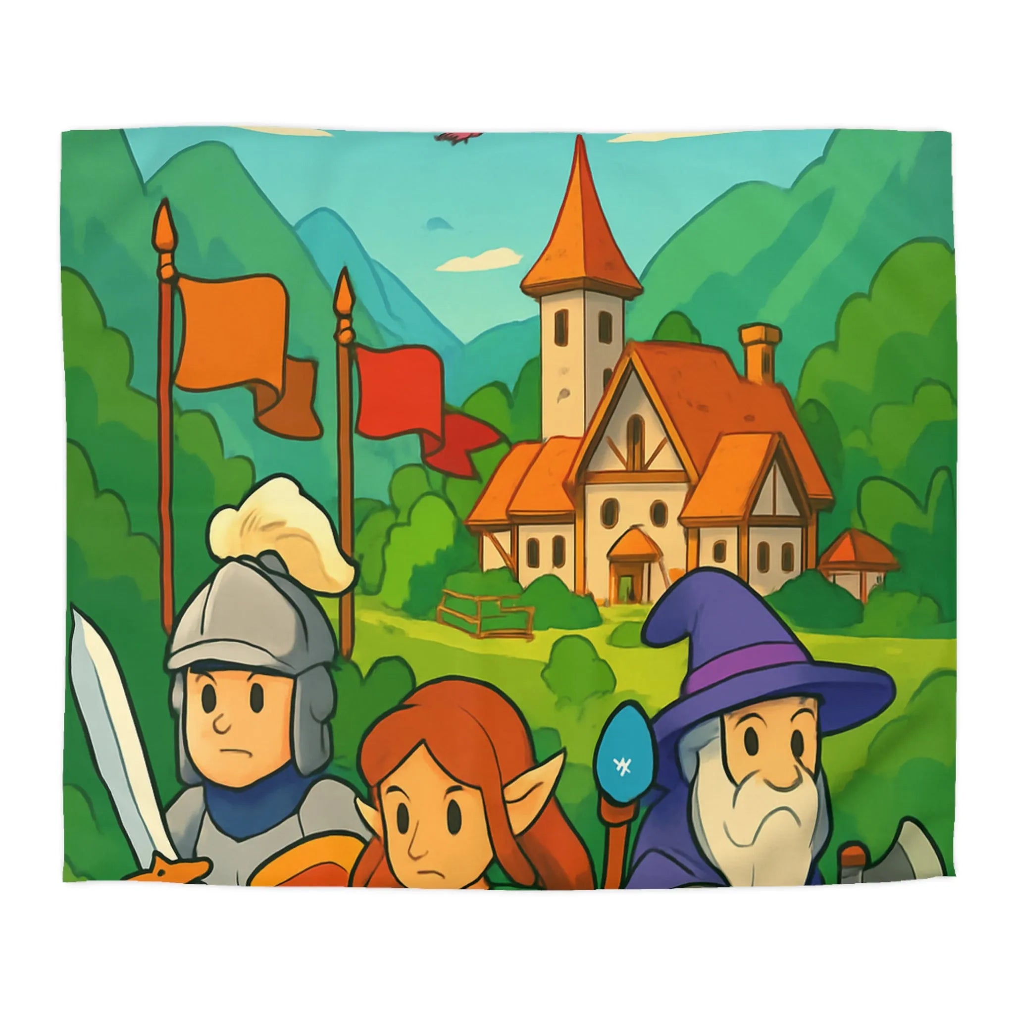 Housse de couette aventure médiévale avec dragons, chevalier, elfe, sorcier et troll