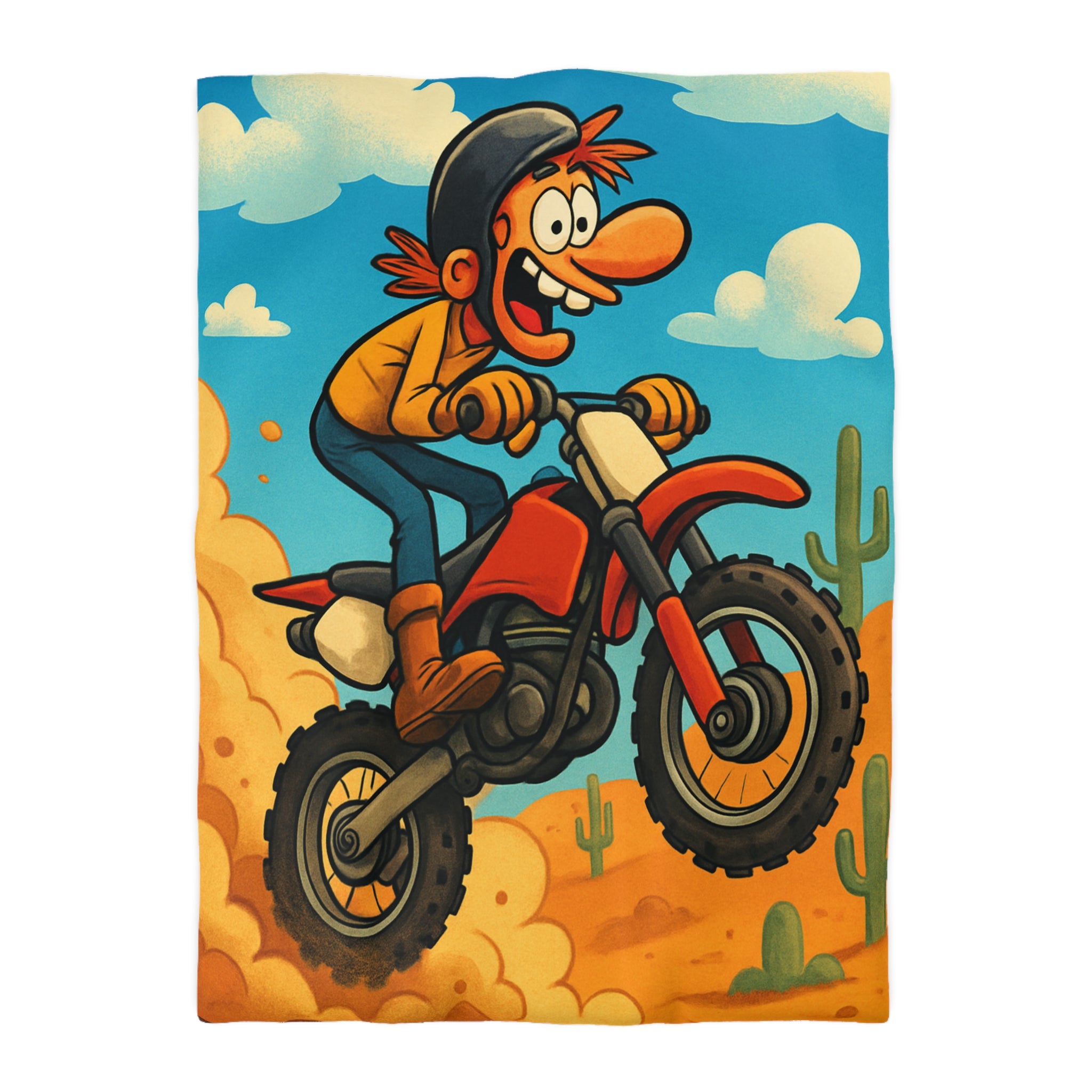 Motard animé sur motocross sautant à travers désert coloré avec cactus et nuages