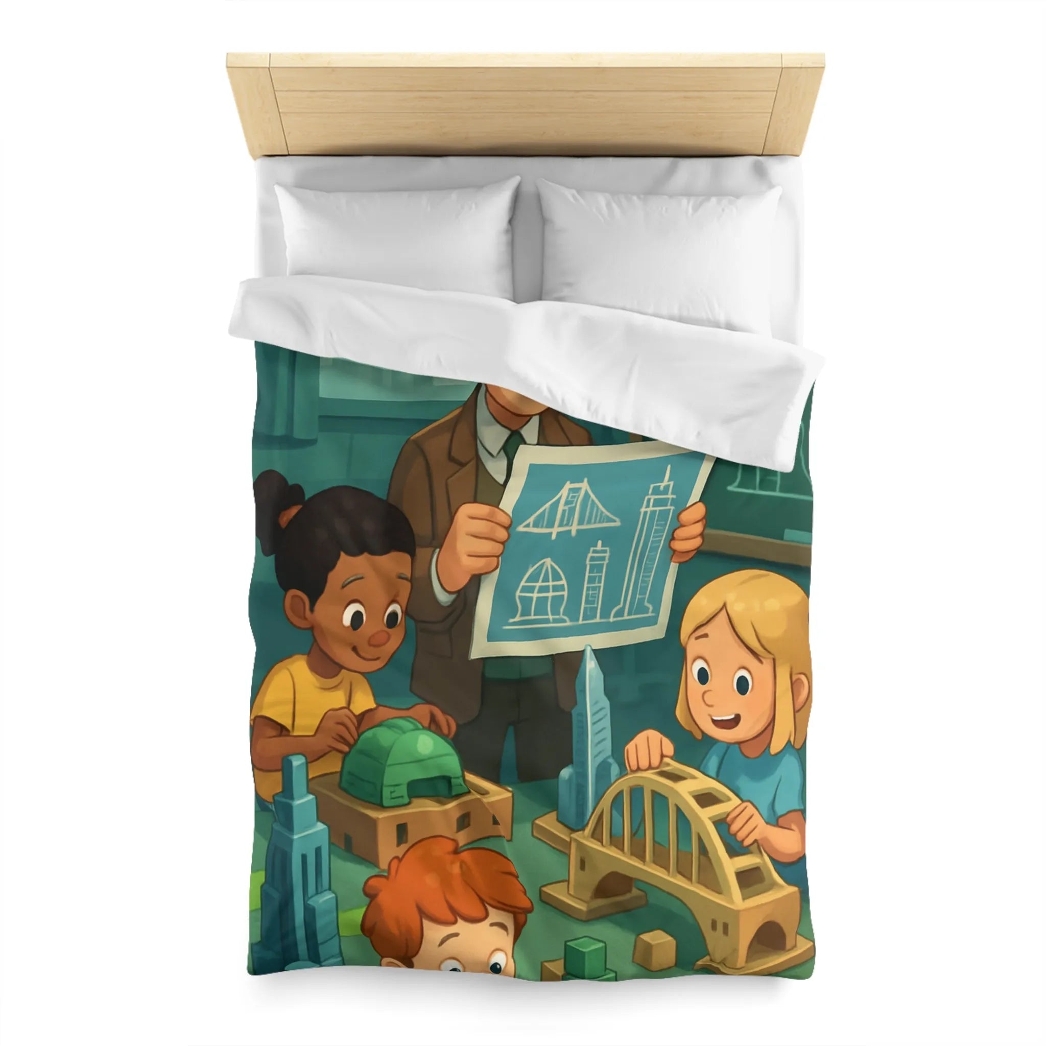 Housse de Couette Enfants Illustrant Un Atelier de Construction Ludique et Éducatif